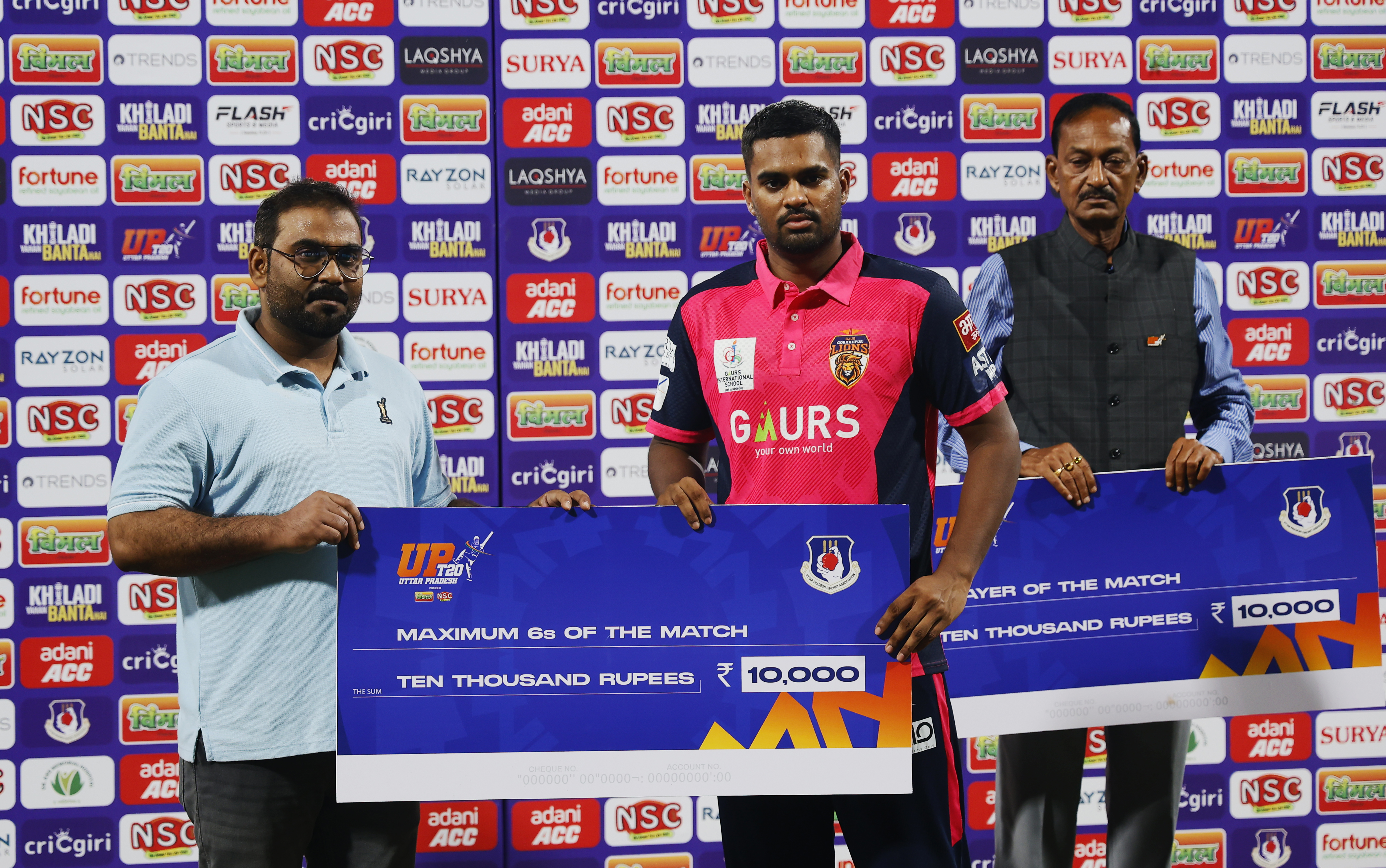 Siddharth Yadav of Gaur Gorakhpur Lions receiving Maximum Sixes of the Match award during the UPT20 League Season 4 evening clash on 15 August 2026 at Bharat Ratna Shri Atal Bihari Vajpayee Ekana Cricket Stadium, Lucknow, Uttar Pradesh, India, Lucknow Falcons face Gaur Gorakhpur Lions in Match 3 under lights as the league’s double‑header day closes with high‑tempo T20 cricket.Photos by: s Saikat Das / aceimages.in for UPT20