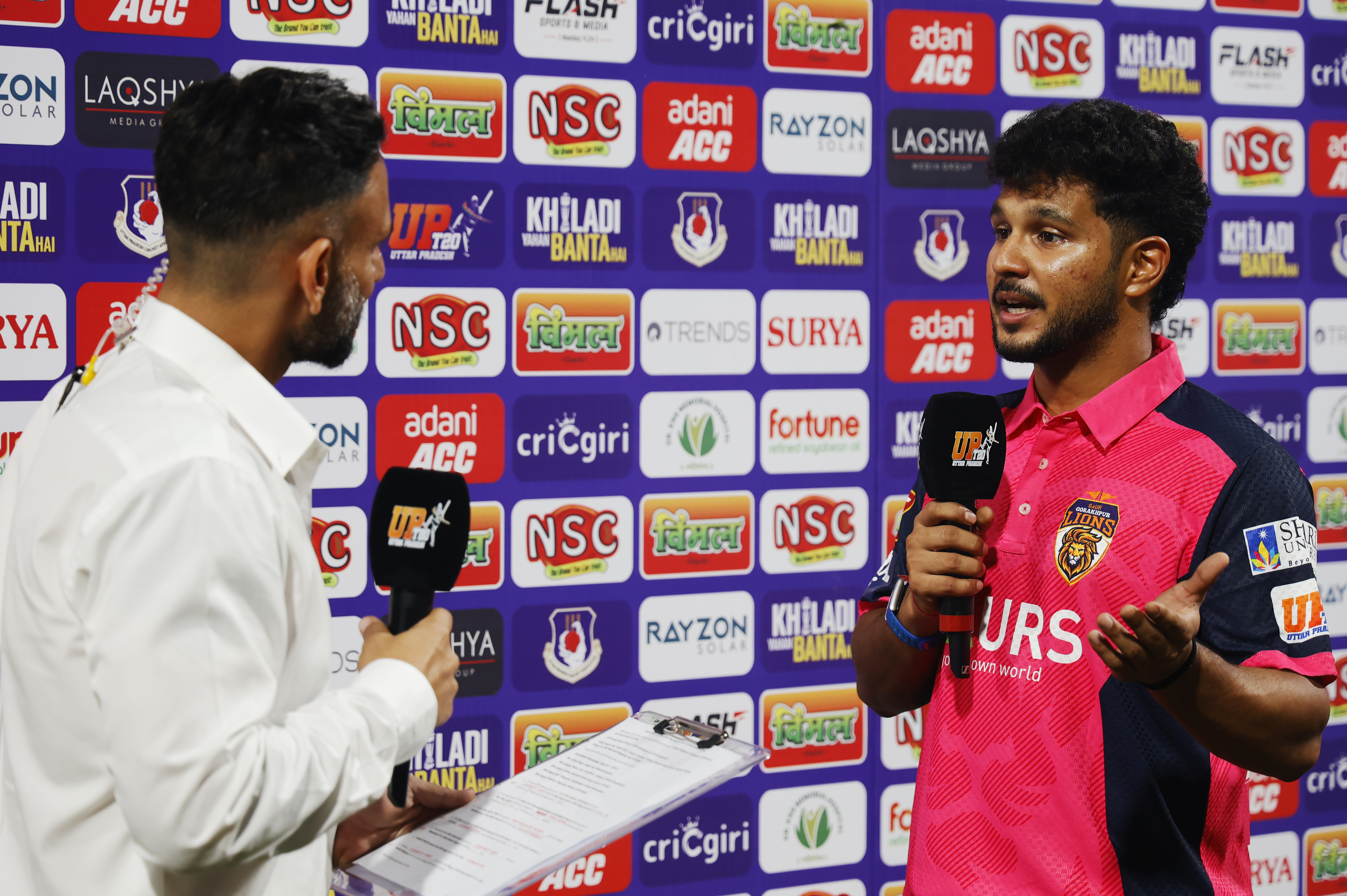 Aryan Juyal of Gaur Gorakhpur Lions at tv interview during the UPT20 League Season 4 evening clash on 15 August 2026 at Bharat Ratna Shri Atal Bihari Vajpayee Ekana Cricket Stadium, Lucknow, Uttar Pradesh, India, Lucknow Falcons face Gaur Gorakhpur Lions in Match 3 under lights as the league’s double‑header day closes with high‑tempo T20 cricket.Photos by: s Saikat Das / aceimages.in for UPT20
