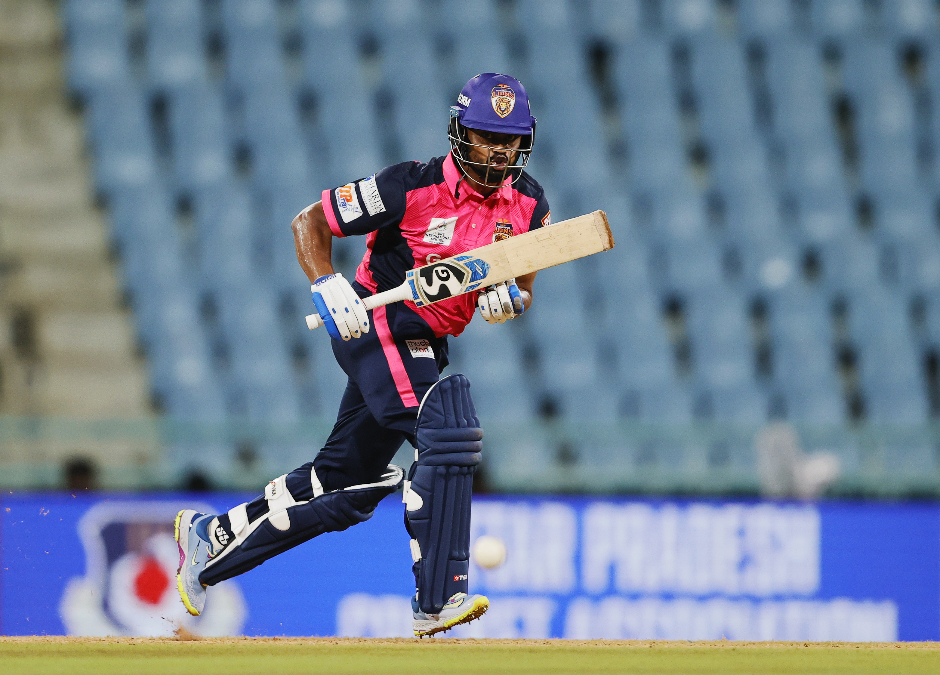 Nishant Kushwaha of Gaur Gorakhpur Lions taking a single during the UPT20 League Season 4 evening clash on 15 August 2026 at Bharat Ratna Shri Atal Bihari Vajpayee Ekana Cricket Stadium, Lucknow, Uttar Pradesh, India, Lucknow Falcons face Gaur Gorakhpur Lions in Match 3 under lights as the league’s double‑header day closes with high‑tempo T20 cricket.Photos by: s Saikat Das / aceimages.in for UPT20