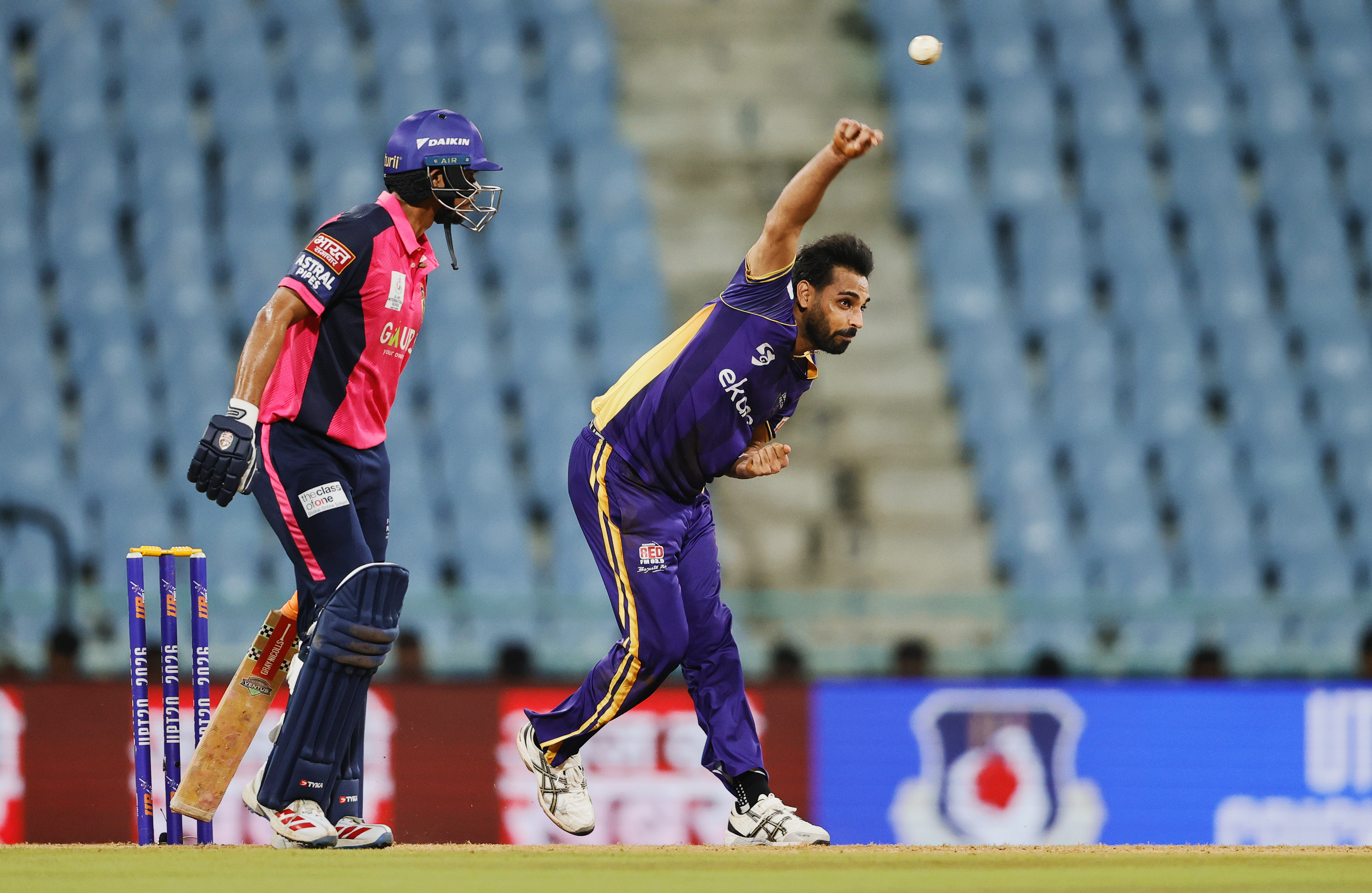 Bhuvneshwar Kumar (c) of Lucknow Falcons bowling during the UPT20 League Season 4 evening clash on 15 August 2026 at Bharat Ratna Shri Atal Bihari Vajpayee Ekana Cricket Stadium, Lucknow, Uttar Pradesh, India, Lucknow Falcons face Gaur Gorakhpur Lions in Match 3 under lights as the league’s double‑header day closes with high‑tempo T20 cricket.Photos by: s Saikat Das / aceimages.in for UPT20