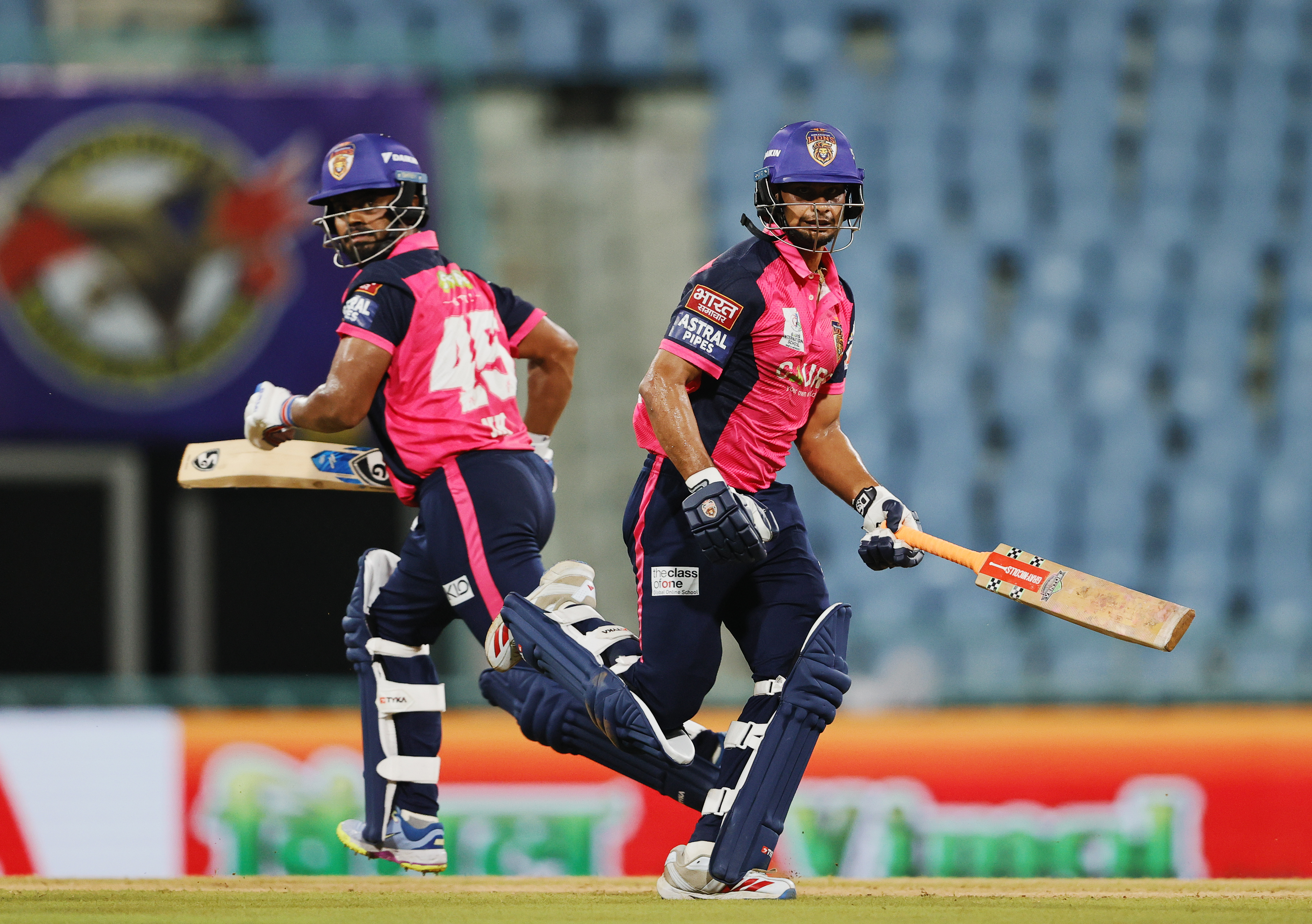 Nishant Kushwaha of Gaur Gorakhpur Lions and Parth  Palawat of Gaur Gorakhpur Lions taking a single during the UPT20 League Season 4 evening clash on 15 August 2026 at Bharat Ratna Shri Atal Bihari Vajpayee Ekana Cricket Stadium, Lucknow, Uttar Pradesh, India, Lucknow Falcons face Gaur Gorakhpur Lions in Match 3 under lights as the league’s double‑header day closes with high‑tempo T20 cricket.Photos by: s Saikat Das / aceimages.in for UPT20