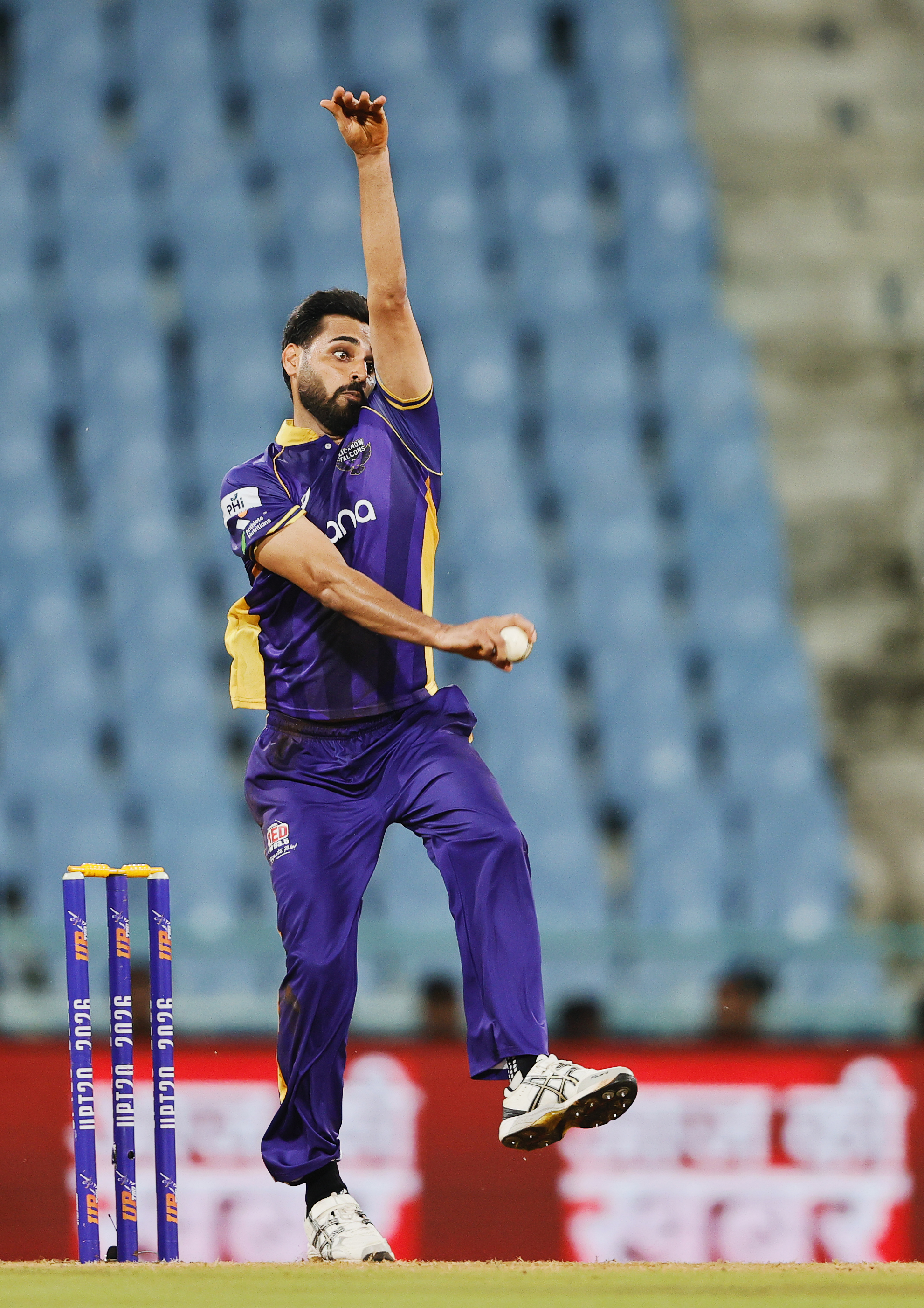 Bhuvneshwar Kumar (c) of Lucknow Falcons bowling during the UPT20 League Season 4 evening clash on 15 August 2026 at Bharat Ratna Shri Atal Bihari Vajpayee Ekana Cricket Stadium, Lucknow, Uttar Pradesh, India, Lucknow Falcons face Gaur Gorakhpur Lions in Match 3 under lights as the league’s double‑header day closes with high‑tempo T20 cricket.Photos by: s Saikat Das / aceimages.in for UPT20