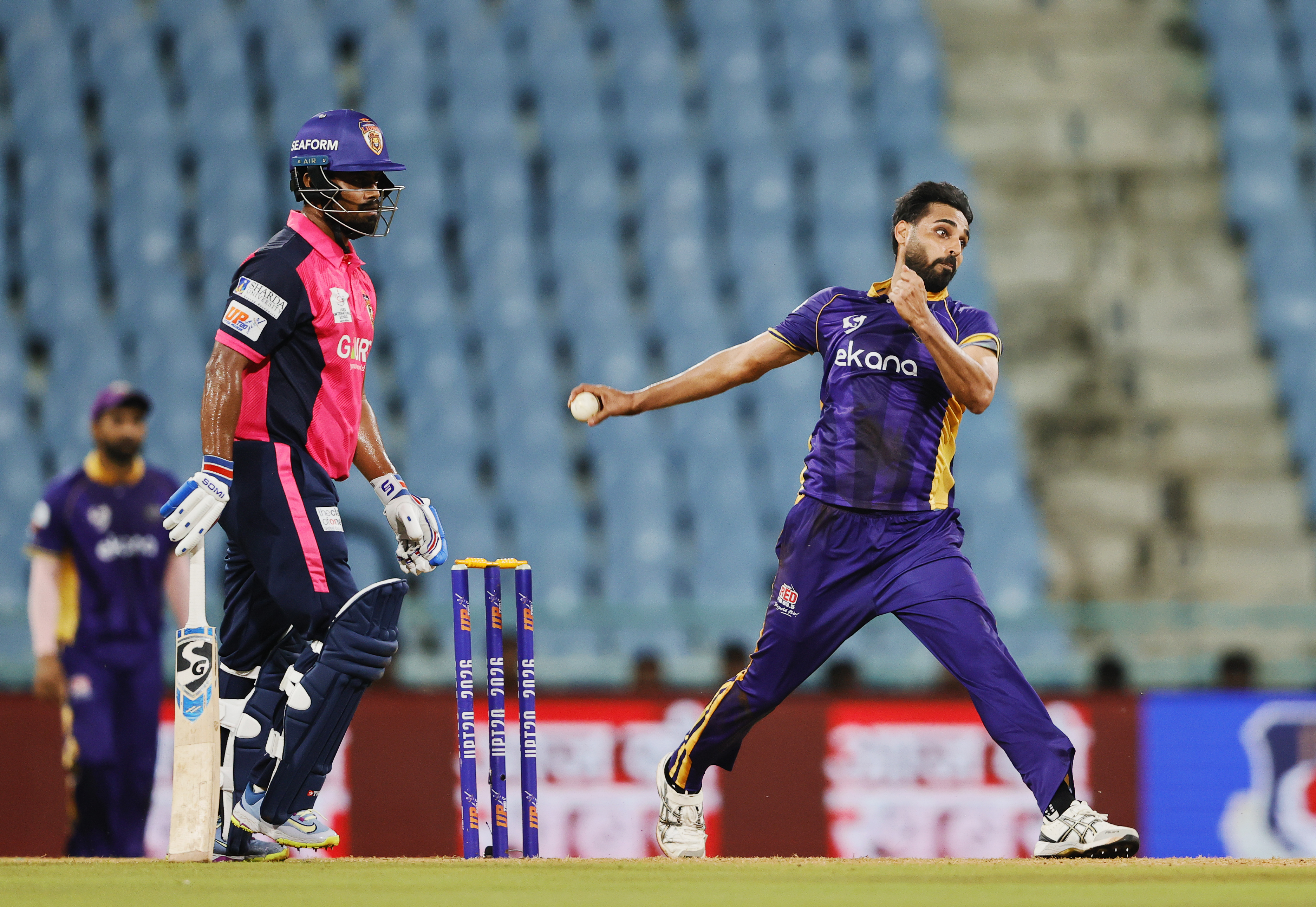 Bhuvneshwar Kumar (c) of Lucknow Falcons bowling during the UPT20 League Season 4 evening clash on 15 August 2026 at Bharat Ratna Shri Atal Bihari Vajpayee Ekana Cricket Stadium, Lucknow, Uttar Pradesh, India, Lucknow Falcons face Gaur Gorakhpur Lions in Match 3 under lights as the league’s double‑header day closes with high‑tempo T20 cricket.Photos by: s Saikat Das / aceimages.in for UPT20