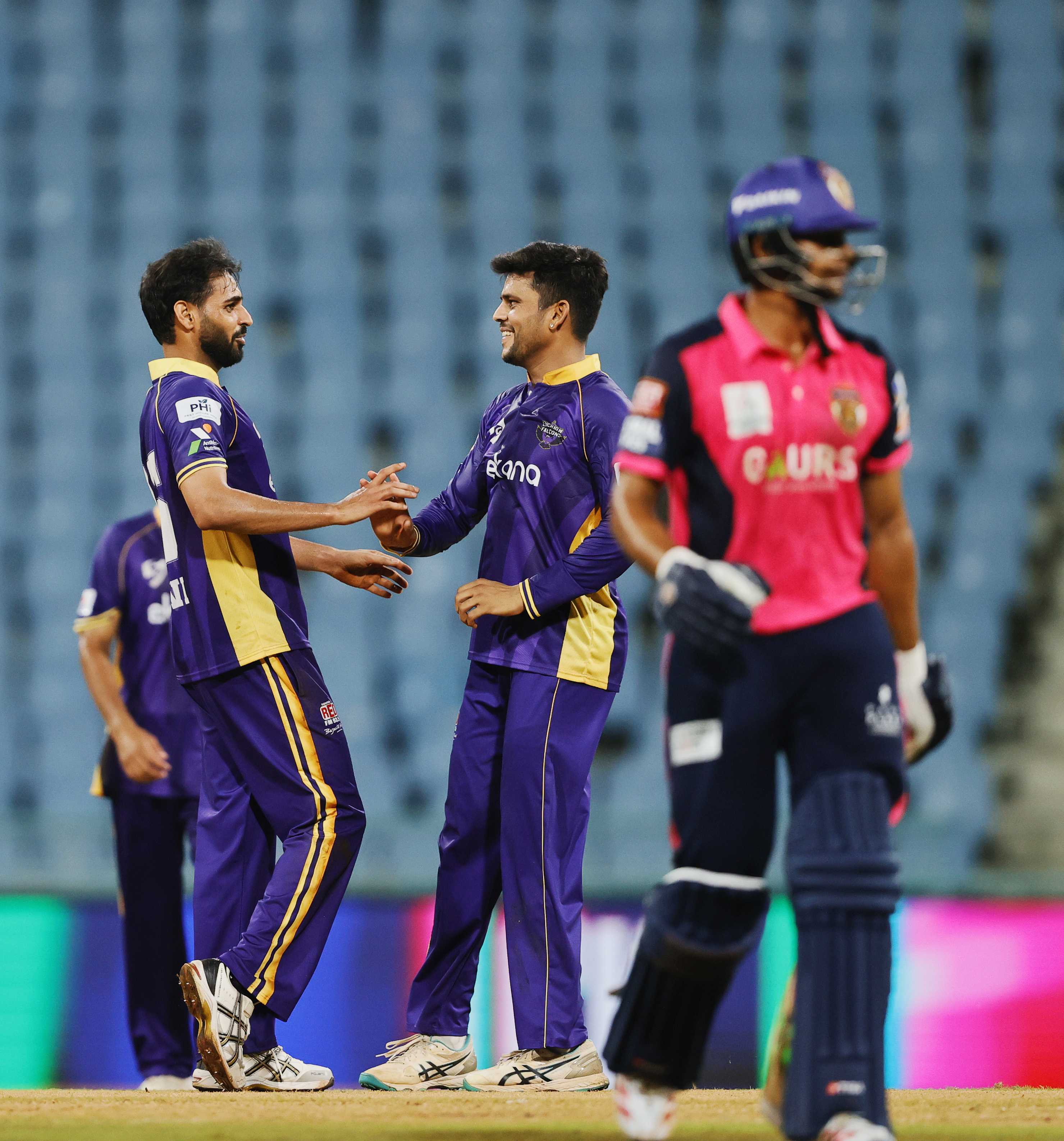Bhuvneshwar Kumar (c) of Lucknow Falcons celebrating the wicket during the UPT20 League Season 4 evening clash on 15 August 2026 at Bharat Ratna Shri Atal Bihari Vajpayee Ekana Cricket Stadium, Lucknow, Uttar Pradesh, India, Lucknow Falcons face Gaur Gorakhpur Lions in Match 3 under lights as the league’s double‑header day closes with high‑tempo T20 cricket.Photos by: s Saikat Das / aceimages.in for UPT20