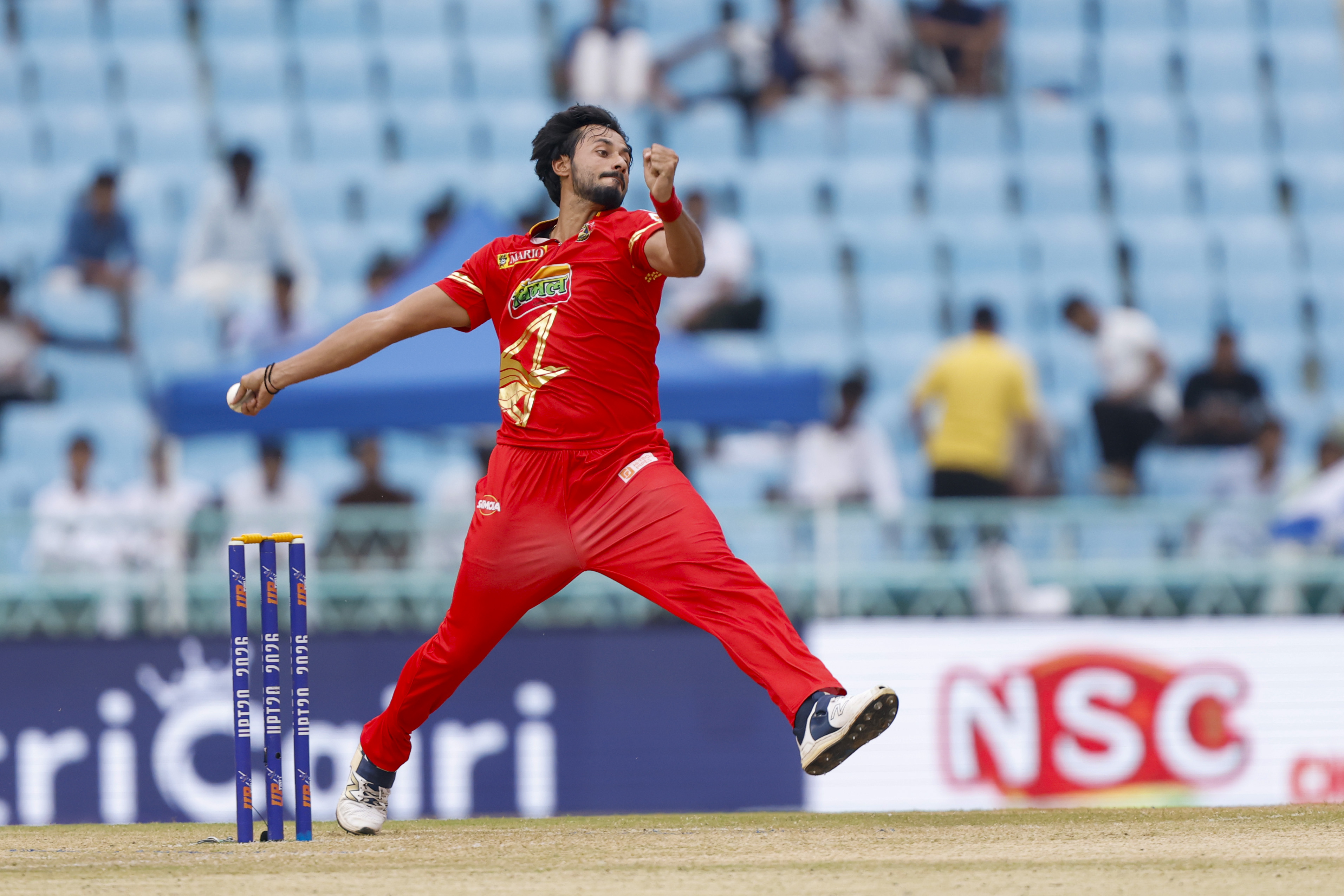 Vineet Panwar of Kanpur Superstars dliver ball during the UPT20 League Season 4 afternoon clash on 16 August 2026 at Bharat Ratna Shri Atal Bihari Vajpayee Ekana Cricket Stadium, Lucknow, Uttar Pradesh, India, two heavyweight franchises Kashi Rudras and Kanpur Superstars meet in Match 4 as the champions and the flair side battle for early momentum in the league.Photos by: Arjun Singh / aceimages.in for UPT20