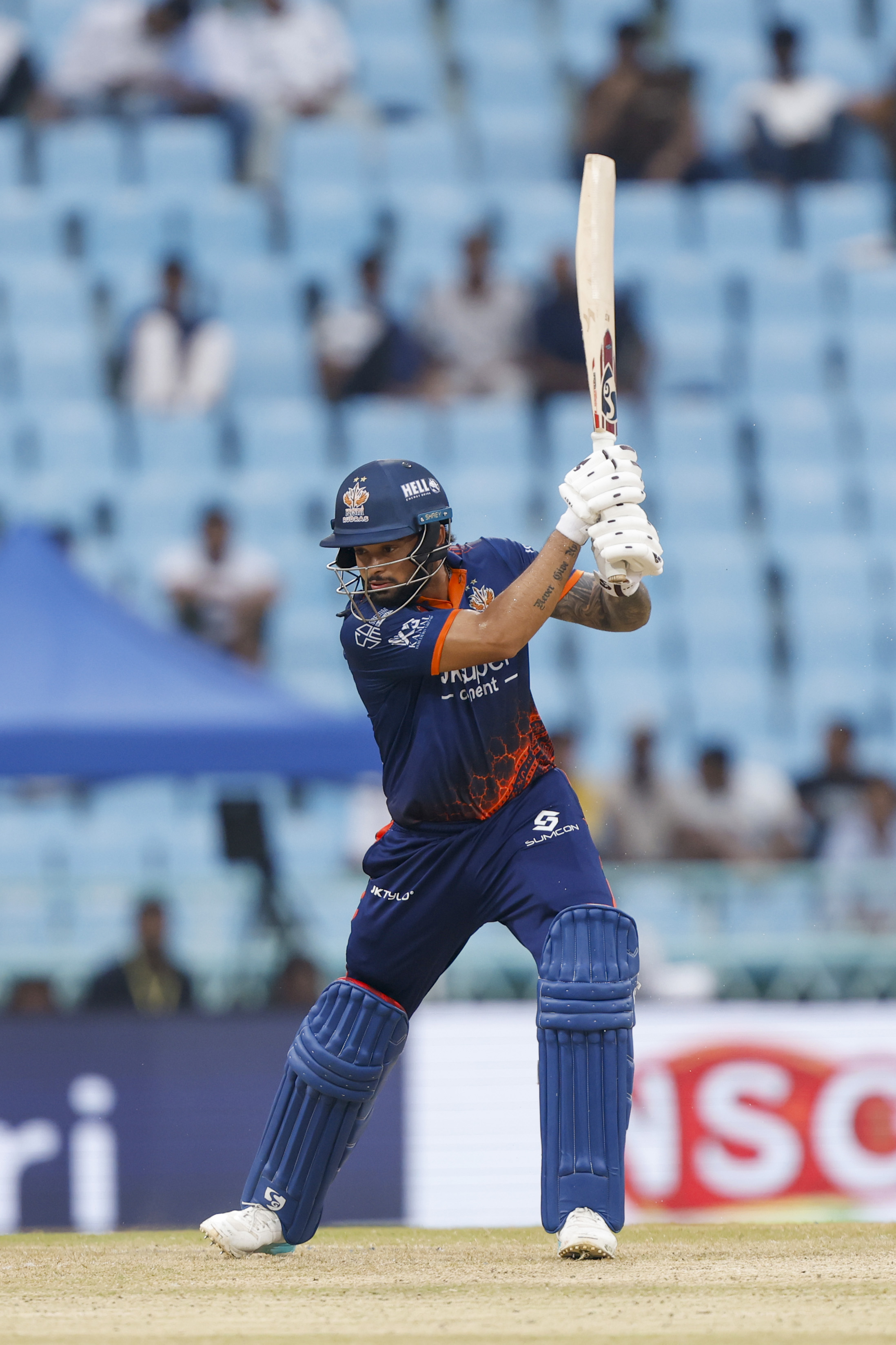Karan Sharma of Kashi Rudras play a shot during the UPT20 League Season 4 afternoon clash on 16 August 2026 at Bharat Ratna Shri Atal Bihari Vajpayee Ekana Cricket Stadium, Lucknow, Uttar Pradesh, India, two heavyweight franchises Kashi Rudras and Kanpur Superstars meet in Match 4 as the champions and the flair side battle for early momentum in the league.Photos by: Arjun Singh / aceimages.in for UPT20