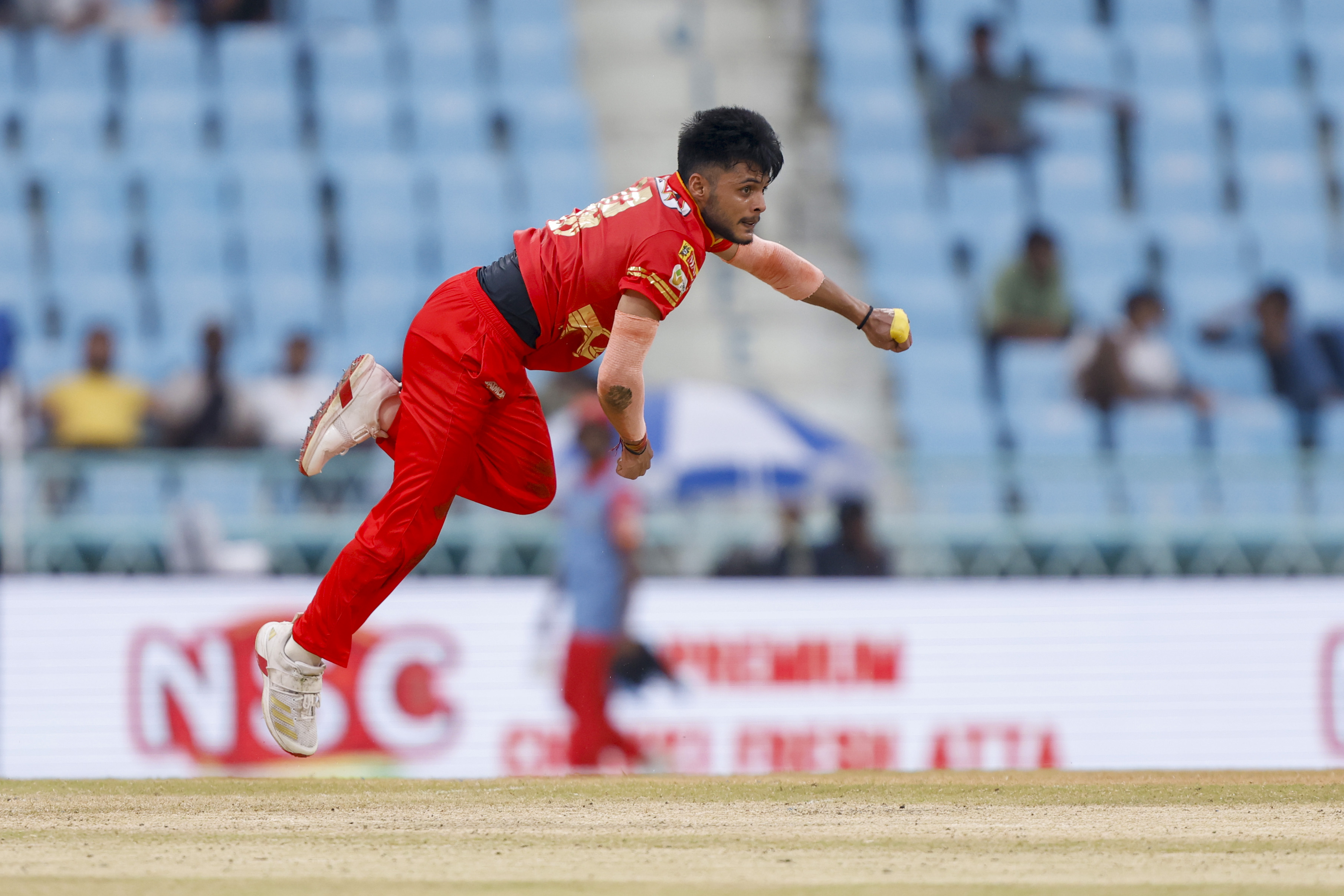 Ajay Kumar of Kanpur Superstars dliver ball during the UPT20 League Season 4 afternoon clash on 16 August 2026 at Bharat Ratna Shri Atal Bihari Vajpayee Ekana Cricket Stadium, Lucknow, Uttar Pradesh, India, two heavyweight franchises Kashi Rudras and Kanpur Superstars meet in Match 4 as the champions and the flair side battle for early momentum in the league.Photos by: Arjun Singh / aceimages.in for UPT20
