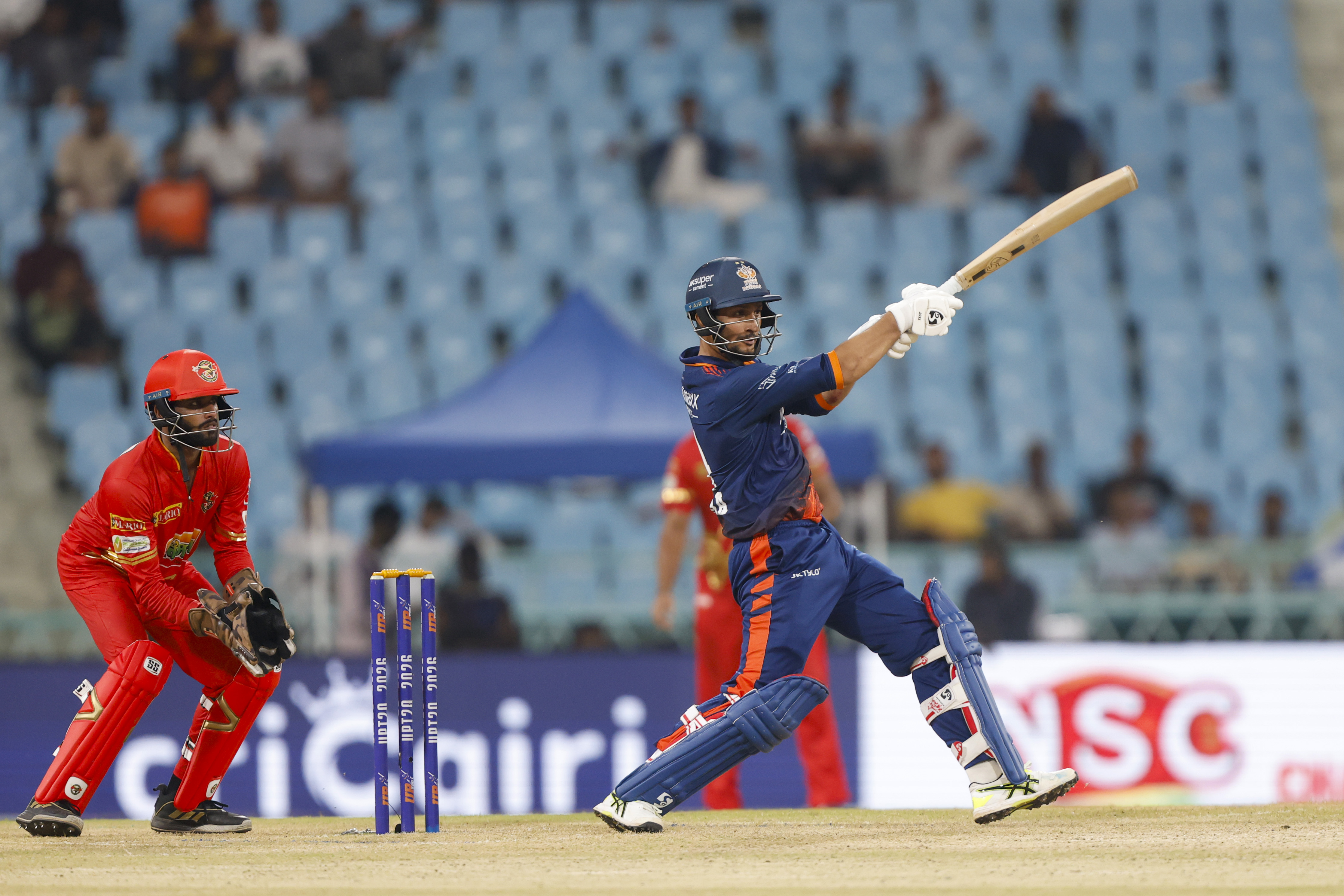 Upendra Yadav of Kashi Rudras play a shot during the UPT20 League Season 4 afternoon clash on 16 August 2026 at Bharat Ratna Shri Atal Bihari Vajpayee Ekana Cricket Stadium, Lucknow, Uttar Pradesh, India, two heavyweight franchises Kashi Rudras and Kanpur Superstars meet in Match 4 as the champions and the flair side battle for early momentum in the league.Photos by: Arjun Singh / aceimages.in for UPT20