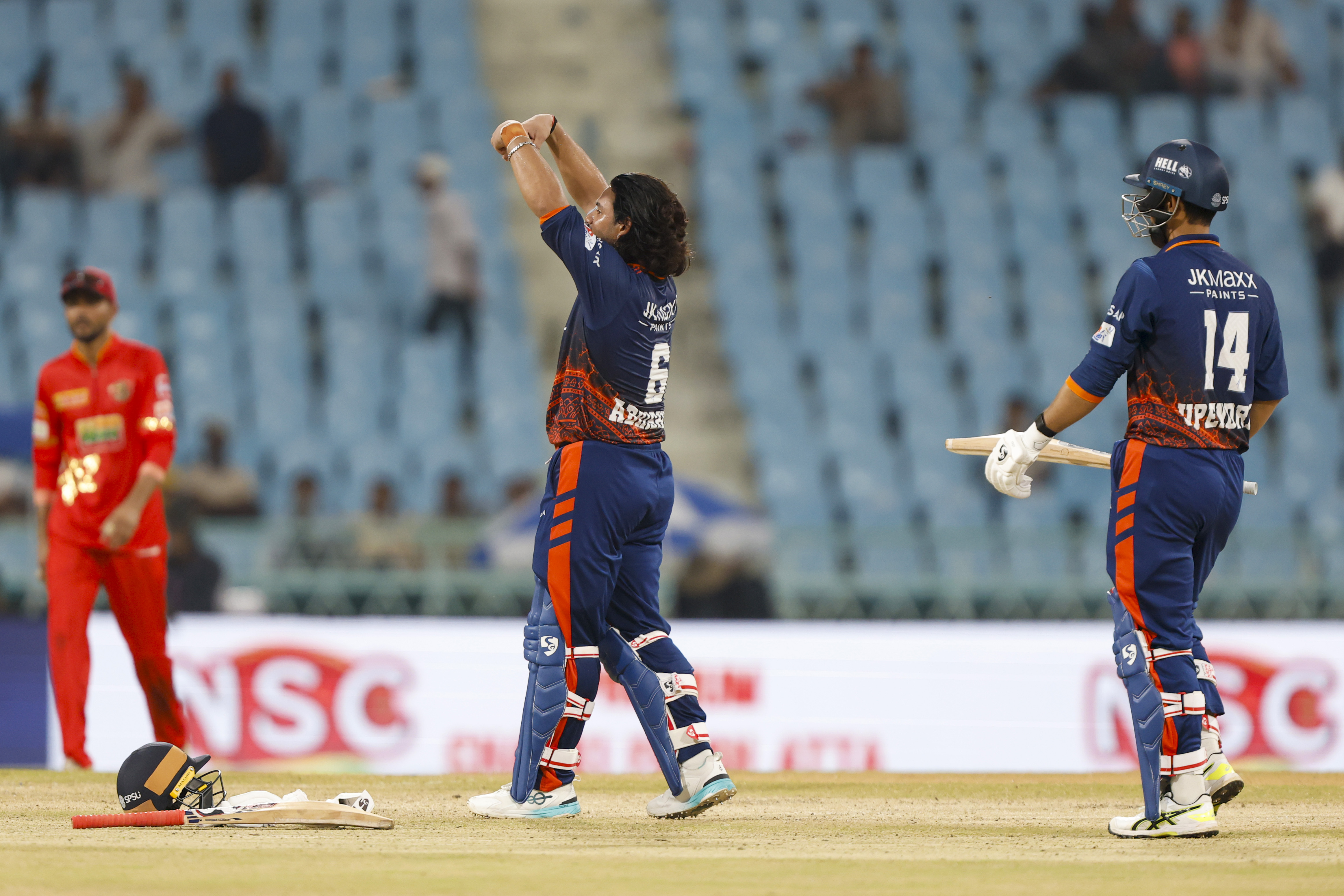 Abhishek Goswami of Kashi Rudras during the UPT20 League Season 4 afternoon clash on 16 August 2026 at Bharat Ratna Shri Atal Bihari Vajpayee Ekana Cricket Stadium, Lucknow, Uttar Pradesh, India, two heavyweight franchises Kashi Rudras and Kanpur Superstars meet in Match 4 as the champions and the flair side battle for early momentum in the league.Photos by: Arjun Singh / aceimages.in for UPT20
