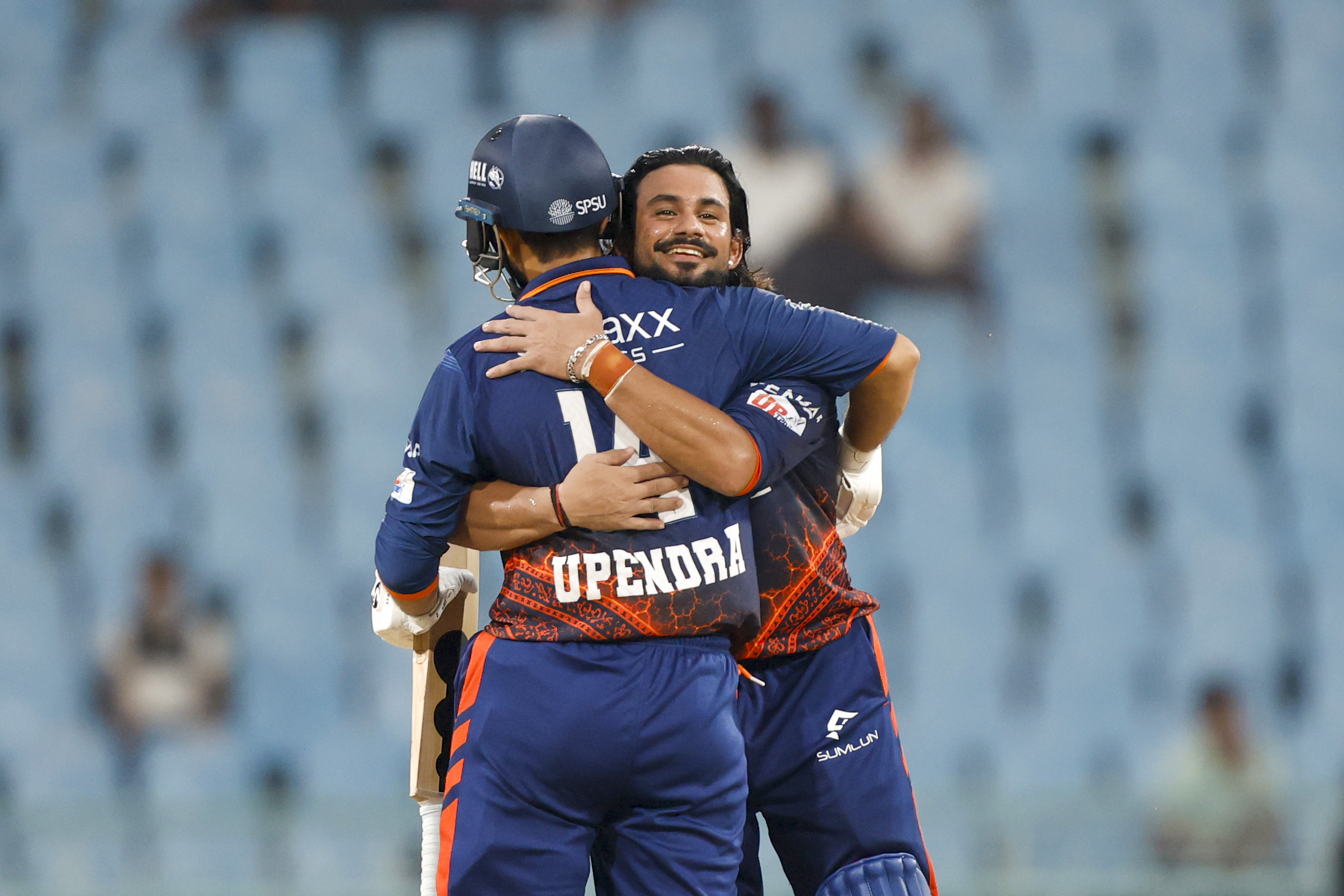 Abhishek Goswami of Kashi Rudras and Upendra Yadav of Kashi Rudras during the UPT20 League Season 4 afternoon clash on 16 August 2026 at Bharat Ratna Shri Atal Bihari Vajpayee Ekana Cricket Stadium, Lucknow, Uttar Pradesh, India, two heavyweight franchises Kashi Rudras and Kanpur Superstars meet in Match 4 as the champions and the flair side battle for early momentum in the league.Photos by: Arjun Singh / aceimages.in for UPT20
