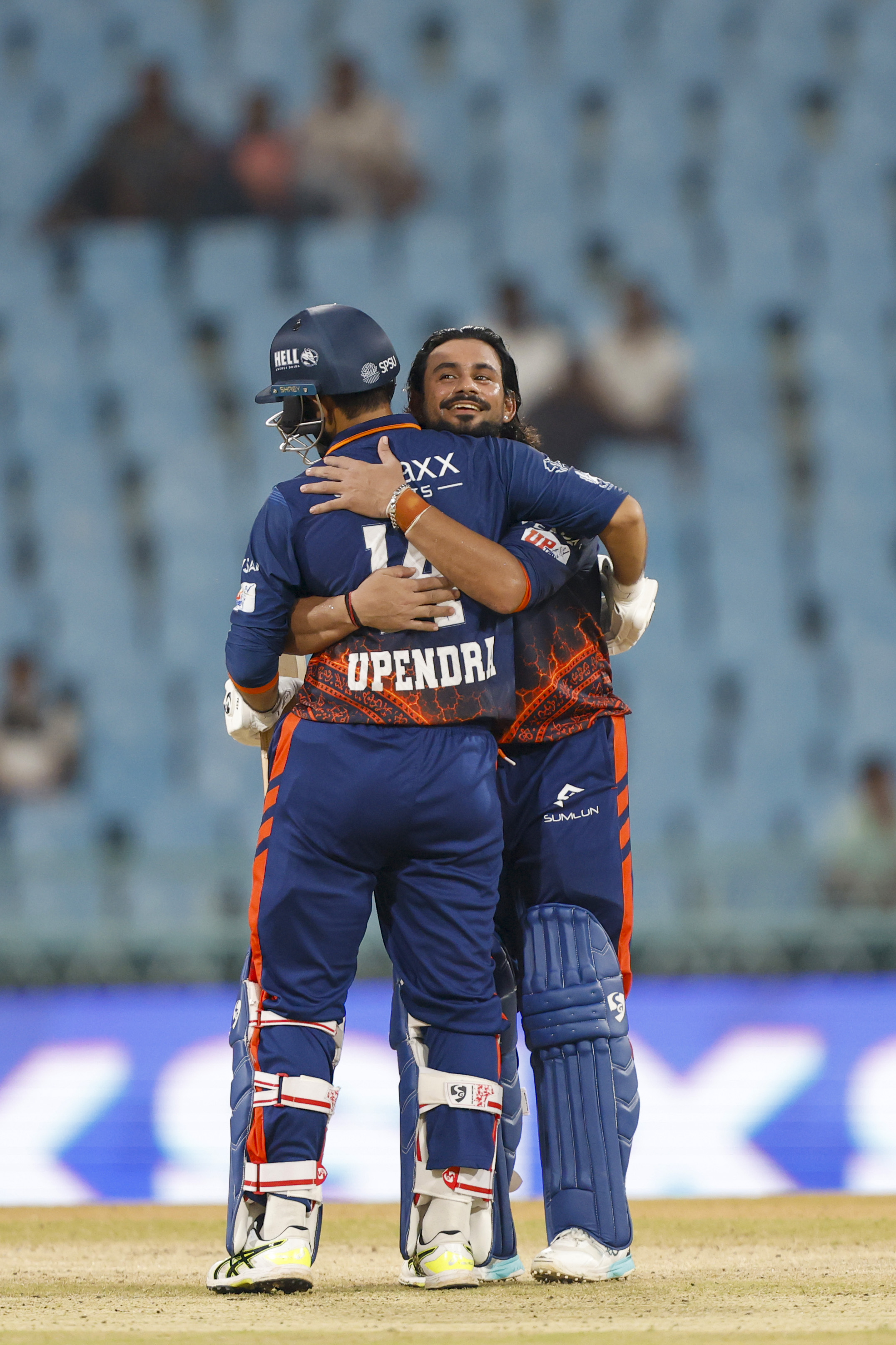 Abhishek Goswami of Kashi Rudras and Upendra Yadav of Kashi Rudras during the UPT20 League Season 4 afternoon clash on 16 August 2026 at Bharat Ratna Shri Atal Bihari Vajpayee Ekana Cricket Stadium, Lucknow, Uttar Pradesh, India, two heavyweight franchises Kashi Rudras and Kanpur Superstars meet in Match 4 as the champions and the flair side battle for early momentum in the league.Photos by: Arjun Singh / aceimages.in for UPT20