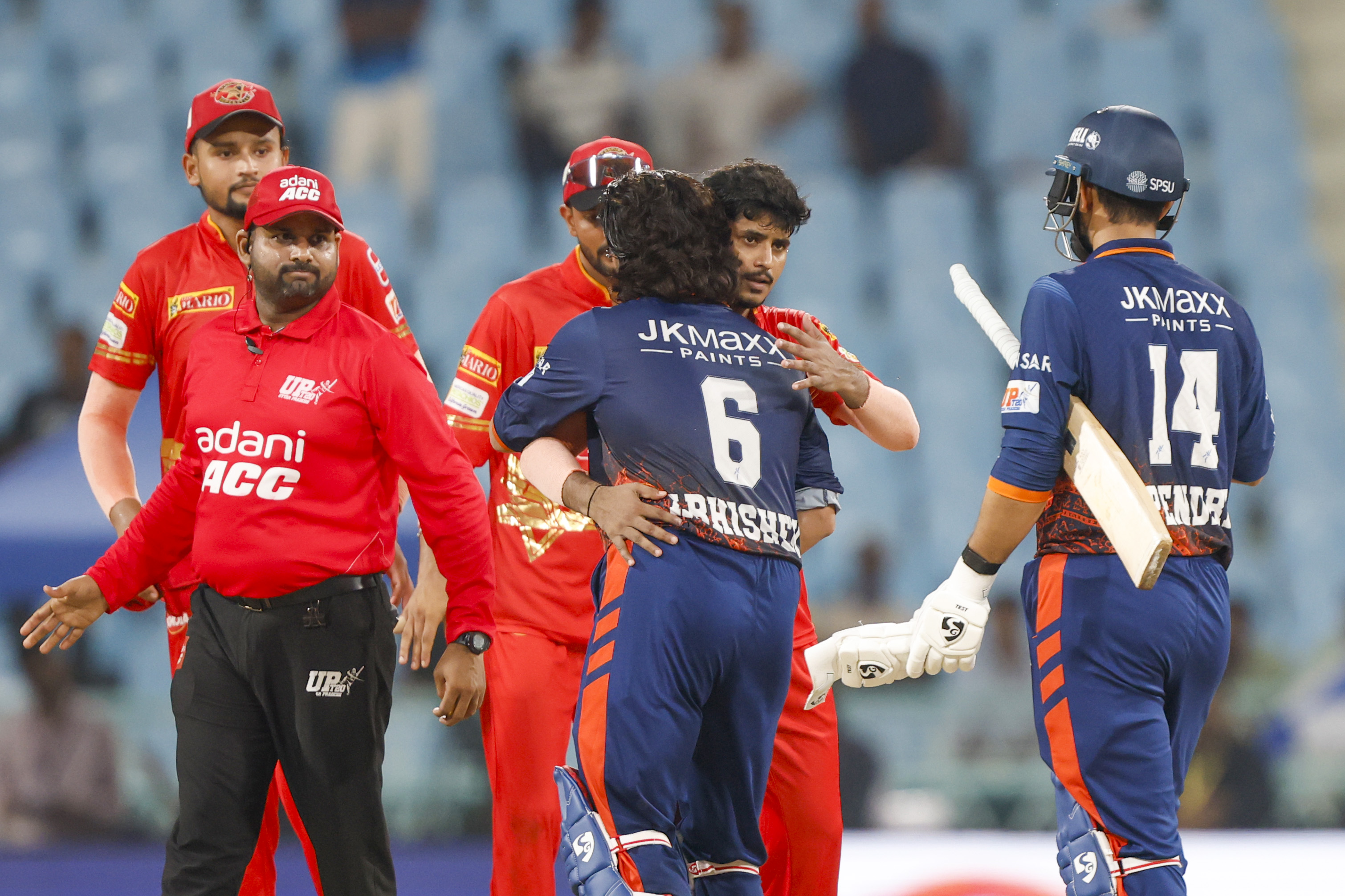 Players during the UPT20 League Season 4 afternoon clash on 16 August 2026 at Bharat Ratna Shri Atal Bihari Vajpayee Ekana Cricket Stadium, Lucknow, Uttar Pradesh, India, two heavyweight franchises Kashi Rudras and Kanpur Superstars meet in Match 4 as the champions and the flair side battle for early momentum in the league.Photos by: Arjun Singh / aceimages.in for UPT20