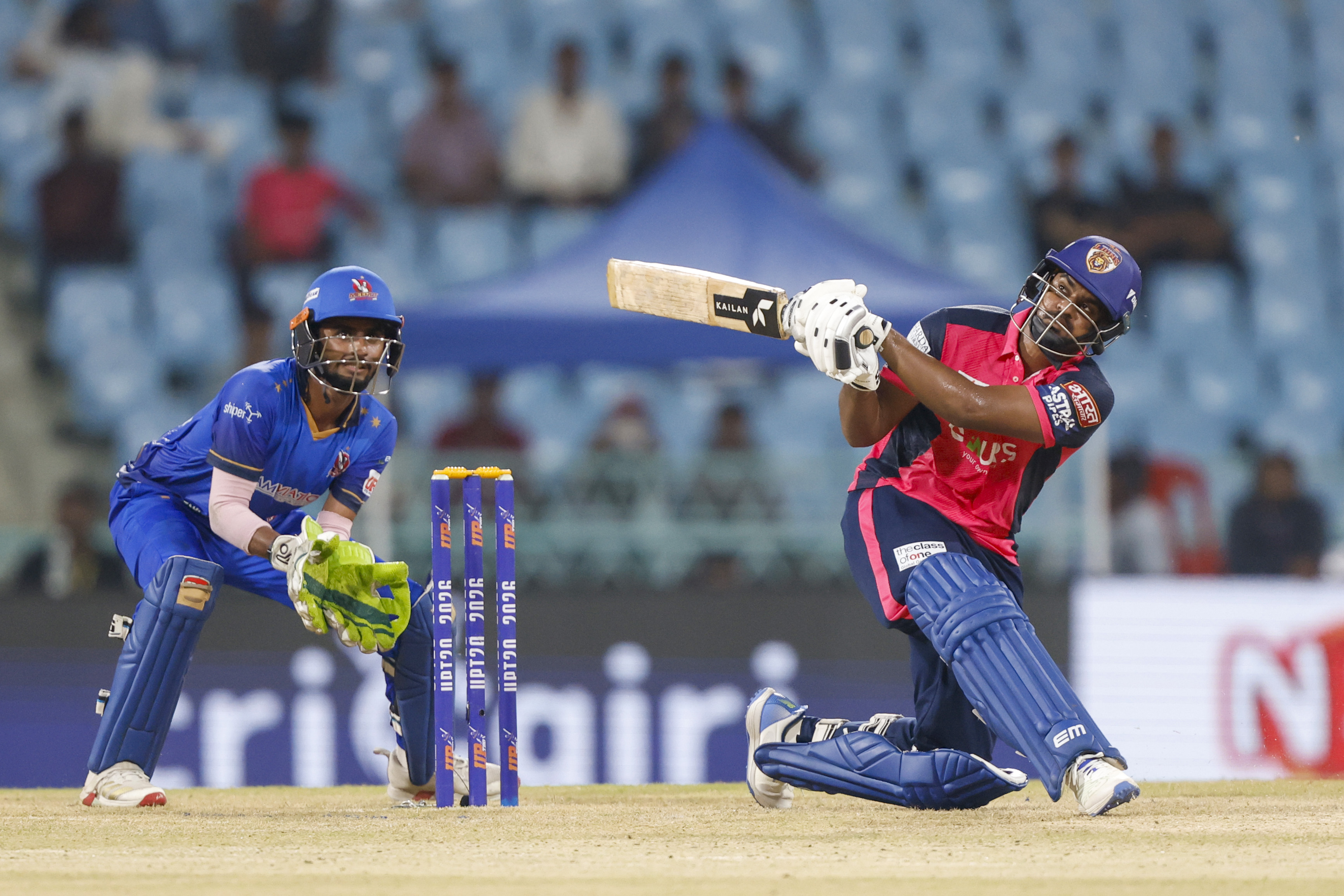 Siddharth Yadav of Gaur Gorakhpur Lions play a shot during the UPT20 League Season 4 night clash on 16 August 2026 at Bharat Ratna Shri Atal Bihari Vajpayee Ekana Cricket Stadium, Lucknow, Uttar Pradesh, India, Gaur Gorakhpur Lions take on defending champions Meerut Mavericks in Match 5 under lights as Purvanchal’s pride meets Meerut’s grit in a high‑intensity T20 battle.Photos by:Arjun Singh / aceimages.in for UPT20