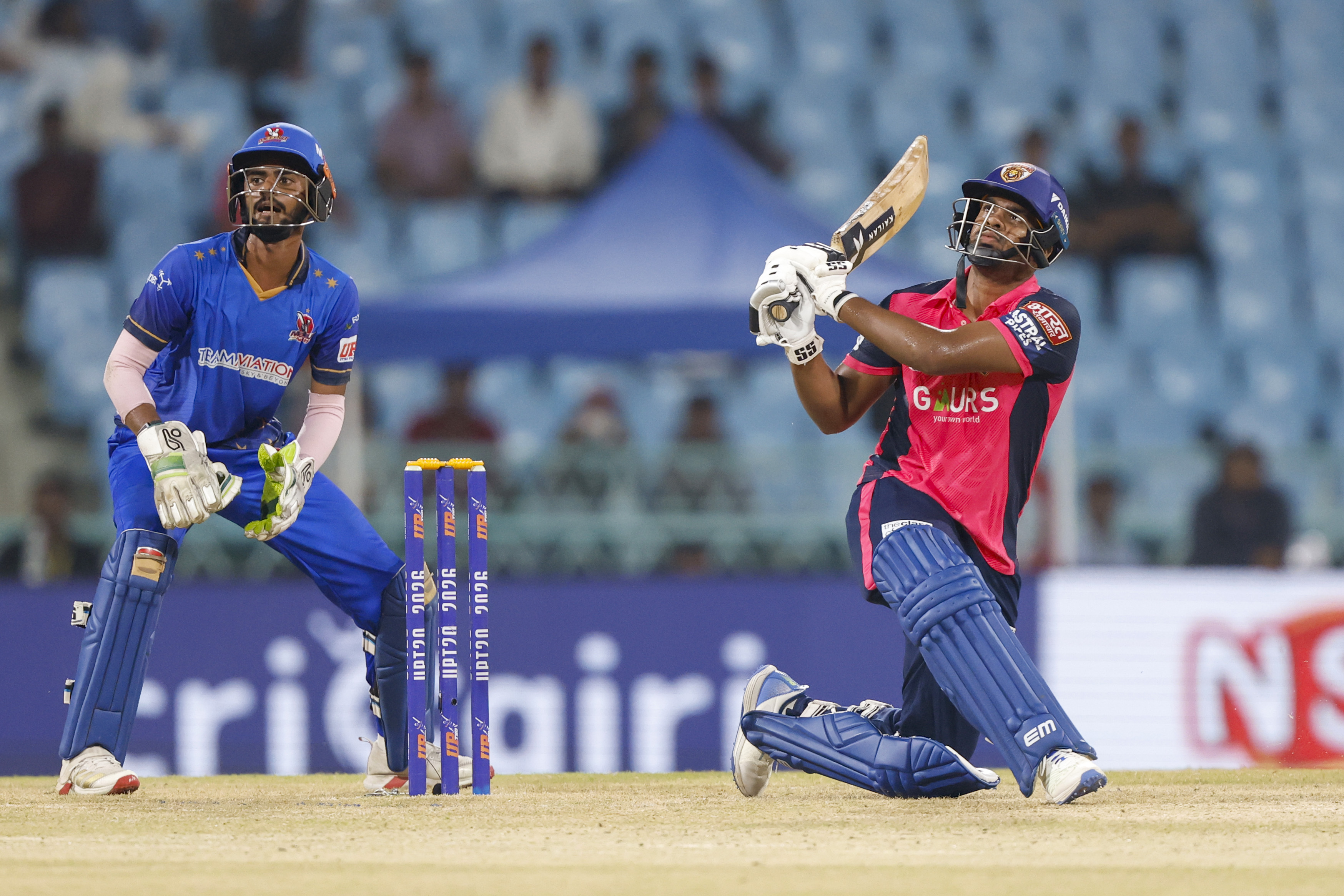Siddharth Yadav of Gaur Gorakhpur Lions play a shot during the UPT20 League Season 4 night clash on 16 August 2026 at Bharat Ratna Shri Atal Bihari Vajpayee Ekana Cricket Stadium, Lucknow, Uttar Pradesh, India, Gaur Gorakhpur Lions take on defending champions Meerut Mavericks in Match 5 under lights as Purvanchal’s pride meets Meerut’s grit in a high‑intensity T20 battle.Photos by:Arjun Singh / aceimages.in for UPT20
