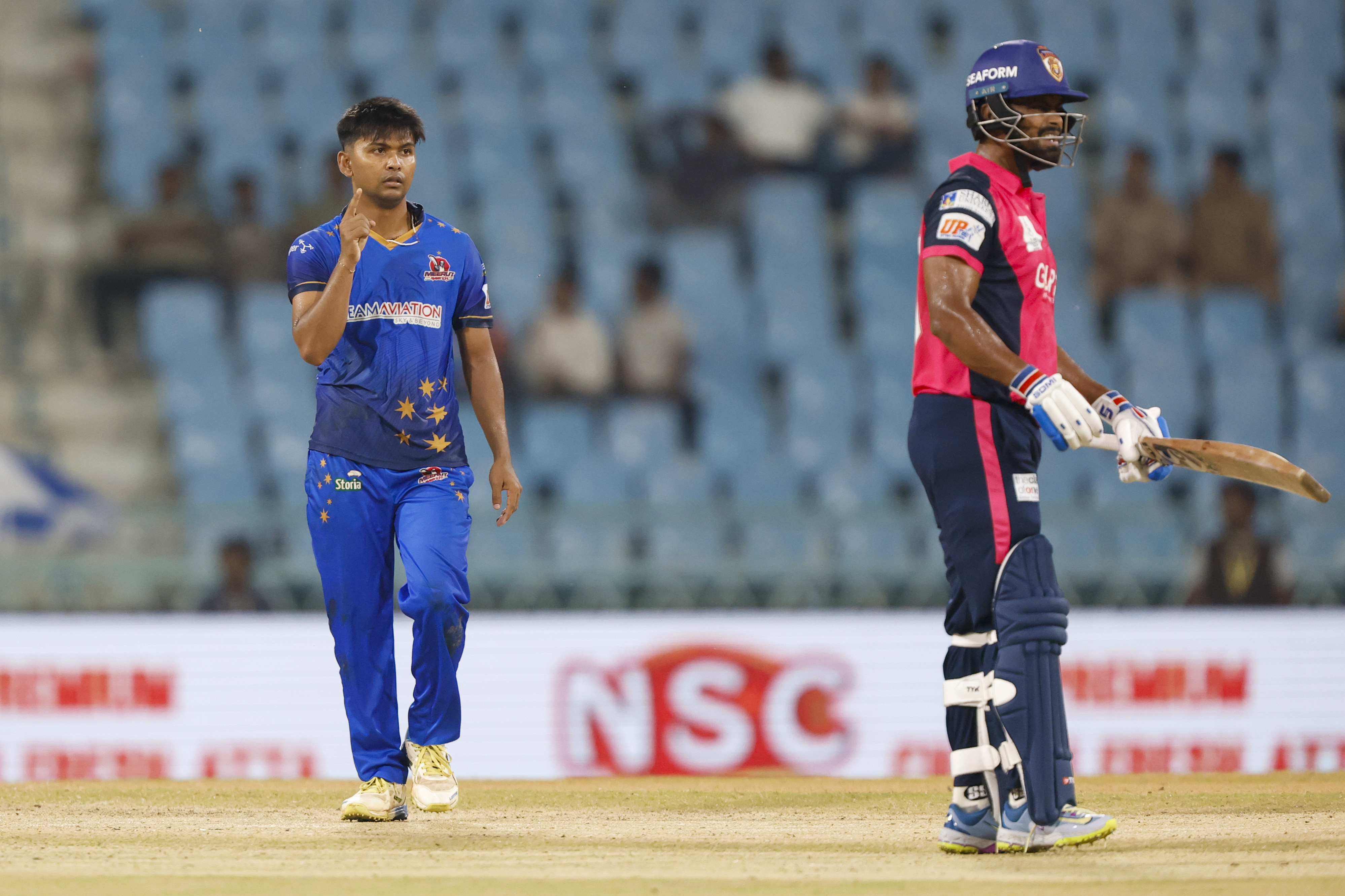 Zeeshan Ansari of Meerut Mavericks celebrates the wicket of Siddharth Yadav of Gaur Gorakhpur Lions during the UPT20 League Season 4 night clash on 16 August 2026 at Bharat Ratna Shri Atal Bihari Vajpayee Ekana Cricket Stadium, Lucknow, Uttar Pradesh, India, Gaur Gorakhpur Lions take on defending champions Meerut Mavericks in Match 5 under lights as Purvanchal’s pride meets Meerut’s grit in a high‑intensity T20 battle.Photos by:Arjun Singh / aceimages.in for UPT20