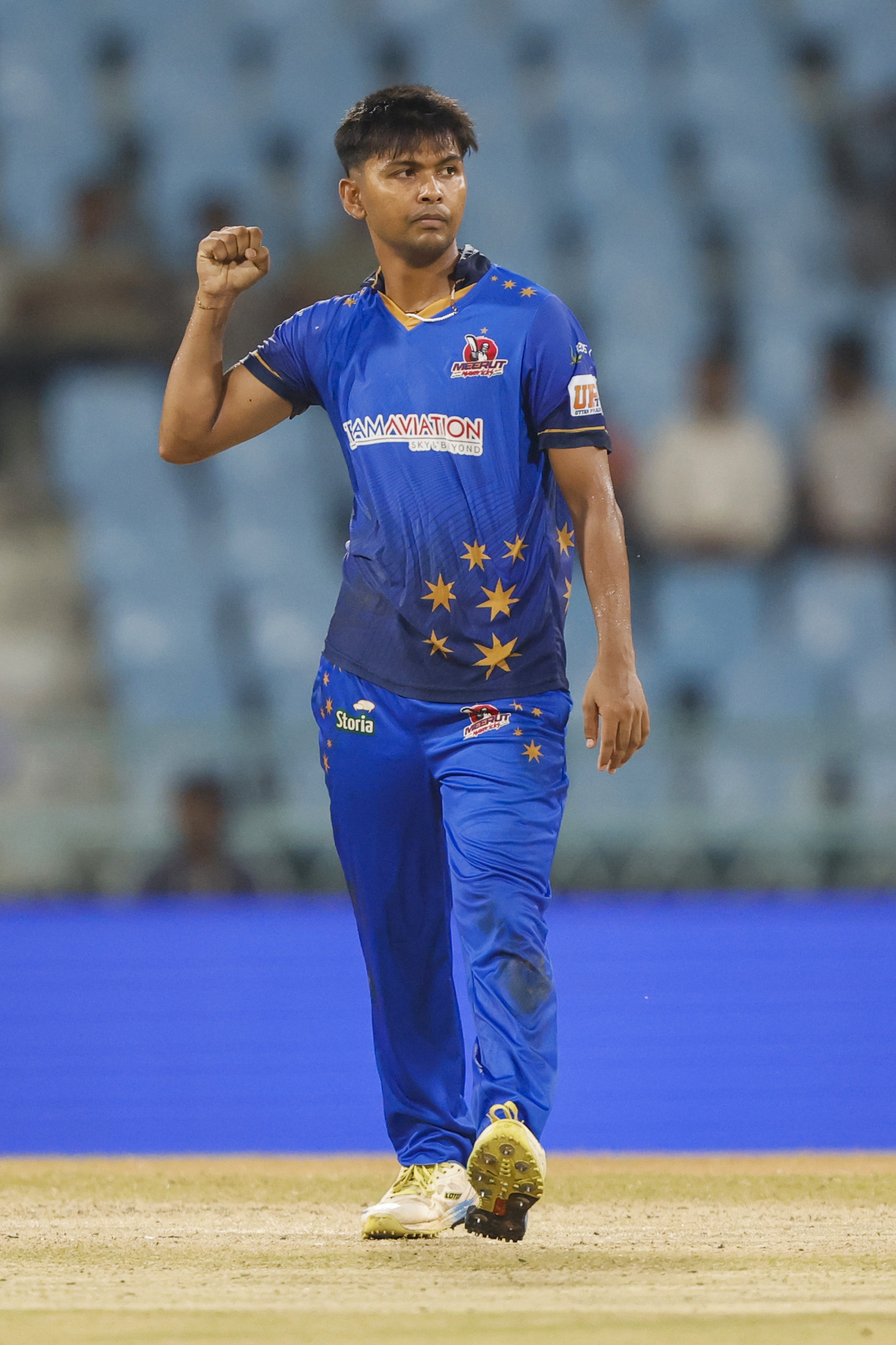 Zeeshan Ansari of Meerut Mavericks celebrates the wicket of Siddharth Yadav of Gaur Gorakhpur Lions during the UPT20 League Season 4 night clash on 16 August 2026 at Bharat Ratna Shri Atal Bihari Vajpayee Ekana Cricket Stadium, Lucknow, Uttar Pradesh, India, Gaur Gorakhpur Lions take on defending champions Meerut Mavericks in Match 5 under lights as Purvanchal’s pride meets Meerut’s grit in a high‑intensity T20 battle.Photos by:Arjun Singh / aceimages.in for UPT20