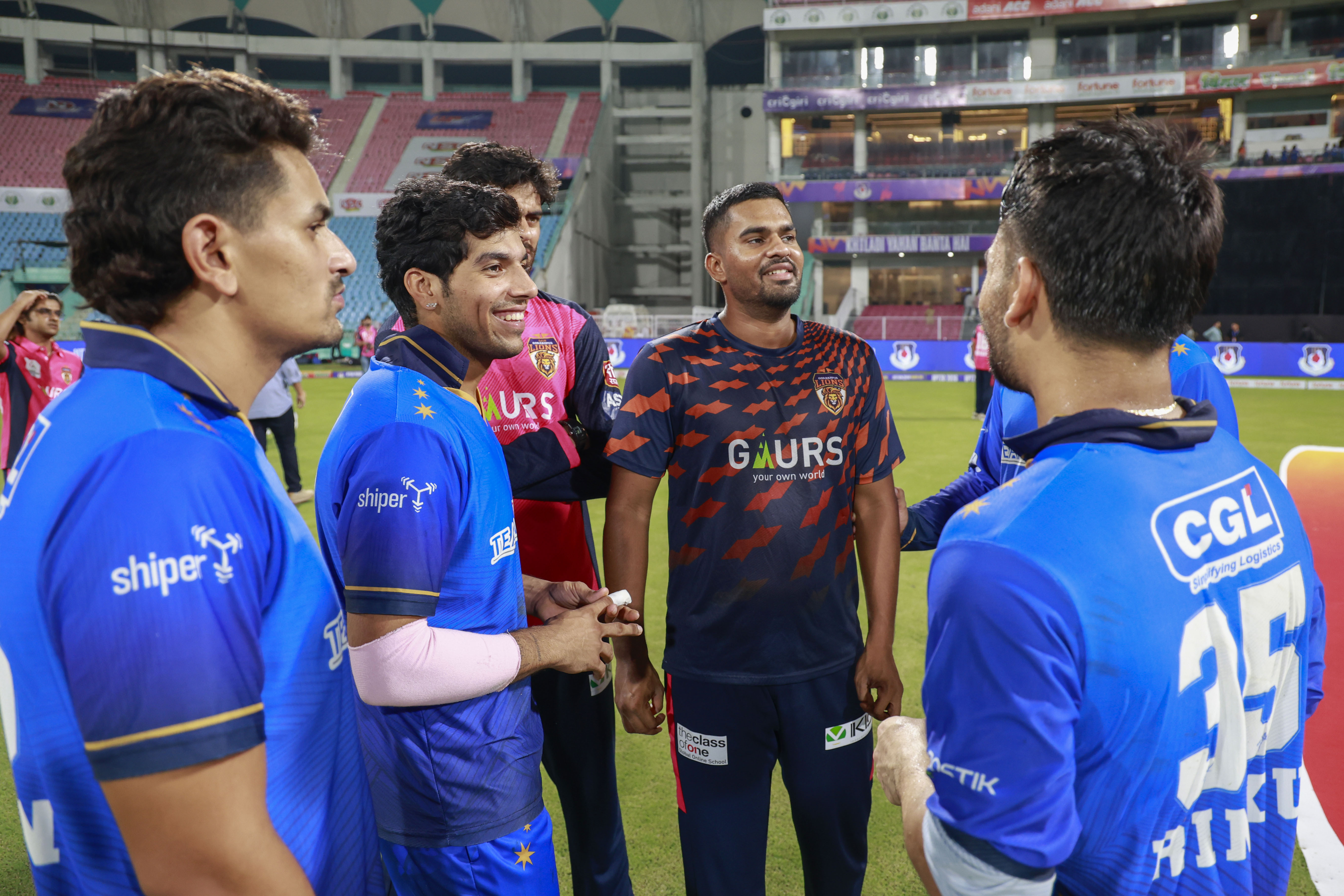 Rinku Singh of Meerut Mavericks Swastik Chikara of Meerut Mavericks Gaur Gorakhpur Lions during the UPT20 League Season 4 night clash on 16 August 2026 at Bharat Ratna Shri Atal Bihari Vajpayee Ekana Cricket Stadium, Lucknow, Uttar Pradesh, India, Gaur Gorakhpur Lions take on defending champions Meerut Mavericks in Match 5 under lights as Purvanchal’s pride meets Meerut’s grit in a high‑intensity T20 battle.Photos by: Tamal Das / aceimages.in for UPT20
