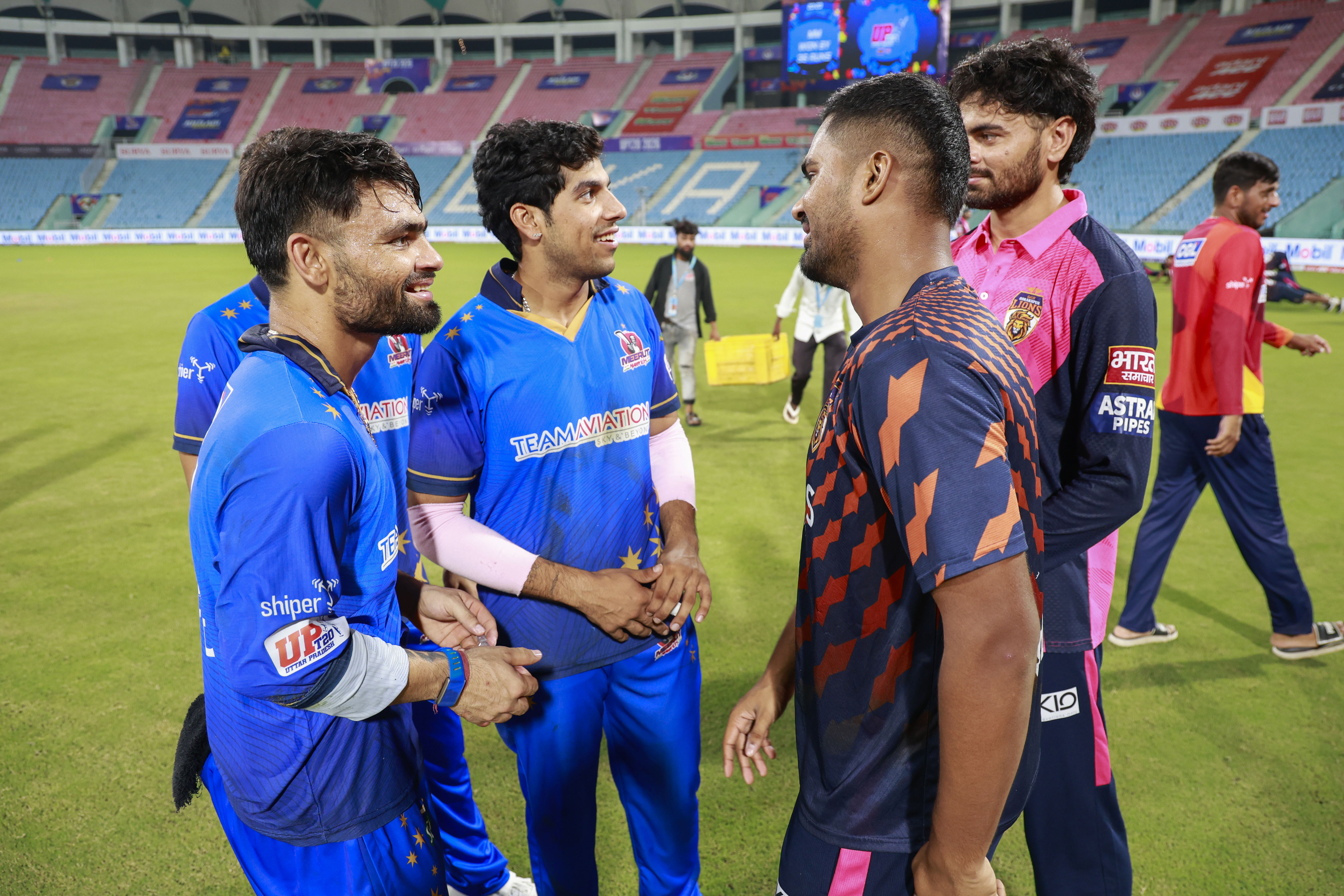Rinku Singh of Meerut Mavericks Swastik Chikara of Meerut Mavericks Gaur Gorakhpur Lions during the UPT20 League Season 4 night clash on 16 August 2026 at Bharat Ratna Shri Atal Bihari Vajpayee Ekana Cricket Stadium, Lucknow, Uttar Pradesh, India, Gaur Gorakhpur Lions take on defending champions Meerut Mavericks in Match 5 under lights as Purvanchal’s pride meets Meerut’s grit in a high‑intensity T20 battle.Photos by: Tamal Das / aceimages.in for UPT20