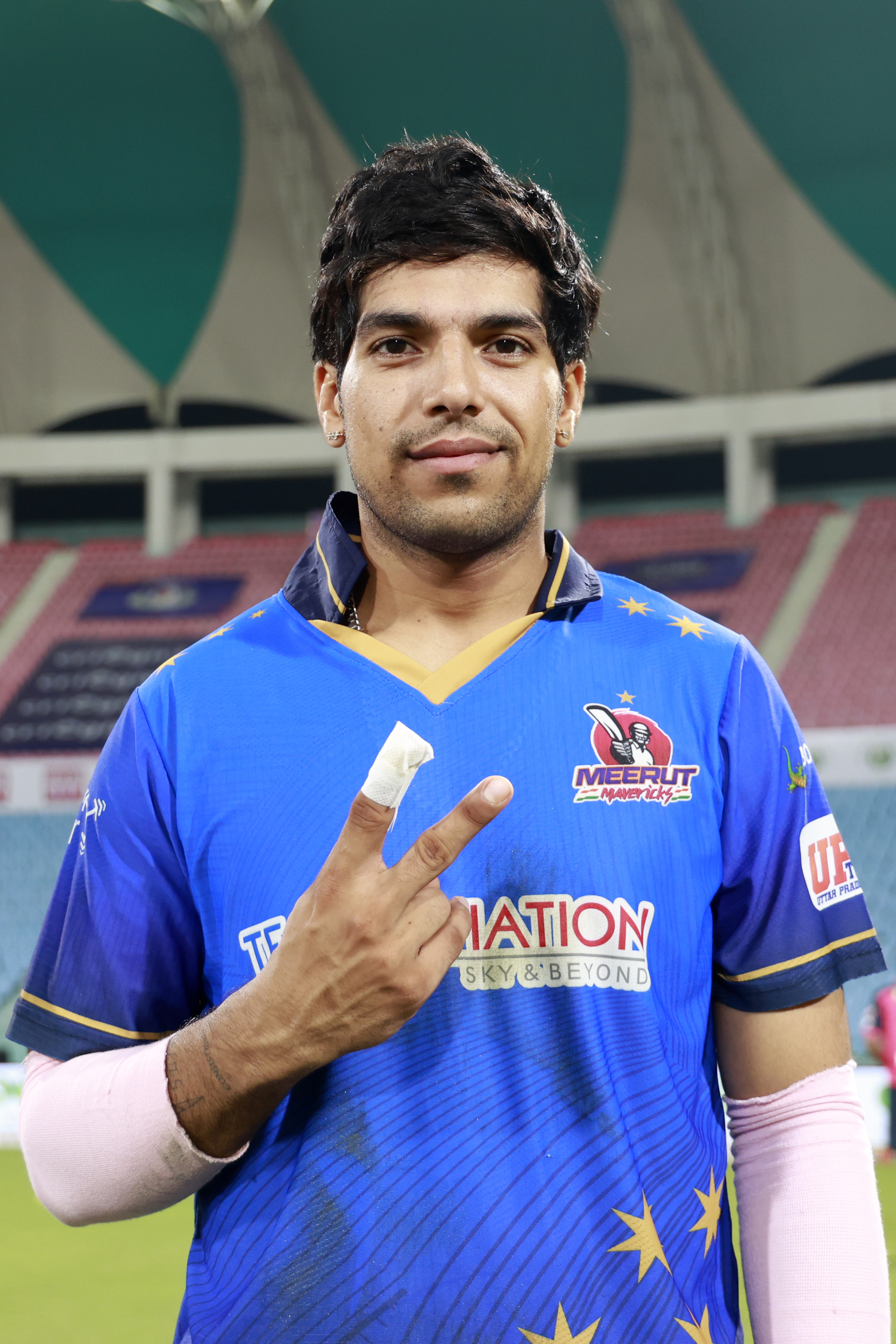 Swastik Chikara of Meerut Mavericks celebrating win during the UPT20 League Season 4 night clash on 16 August 2026 at Bharat Ratna Shri Atal Bihari Vajpayee Ekana Cricket Stadium, Lucknow, Uttar Pradesh, India, Gaur Gorakhpur Lions take on defending champions Meerut Mavericks in Match 5 under lights as Purvanchal’s pride meets Meerut’s grit in a high‑intensity T20 battle.Photos by: Tamal Das / aceimages.in for UPT20
