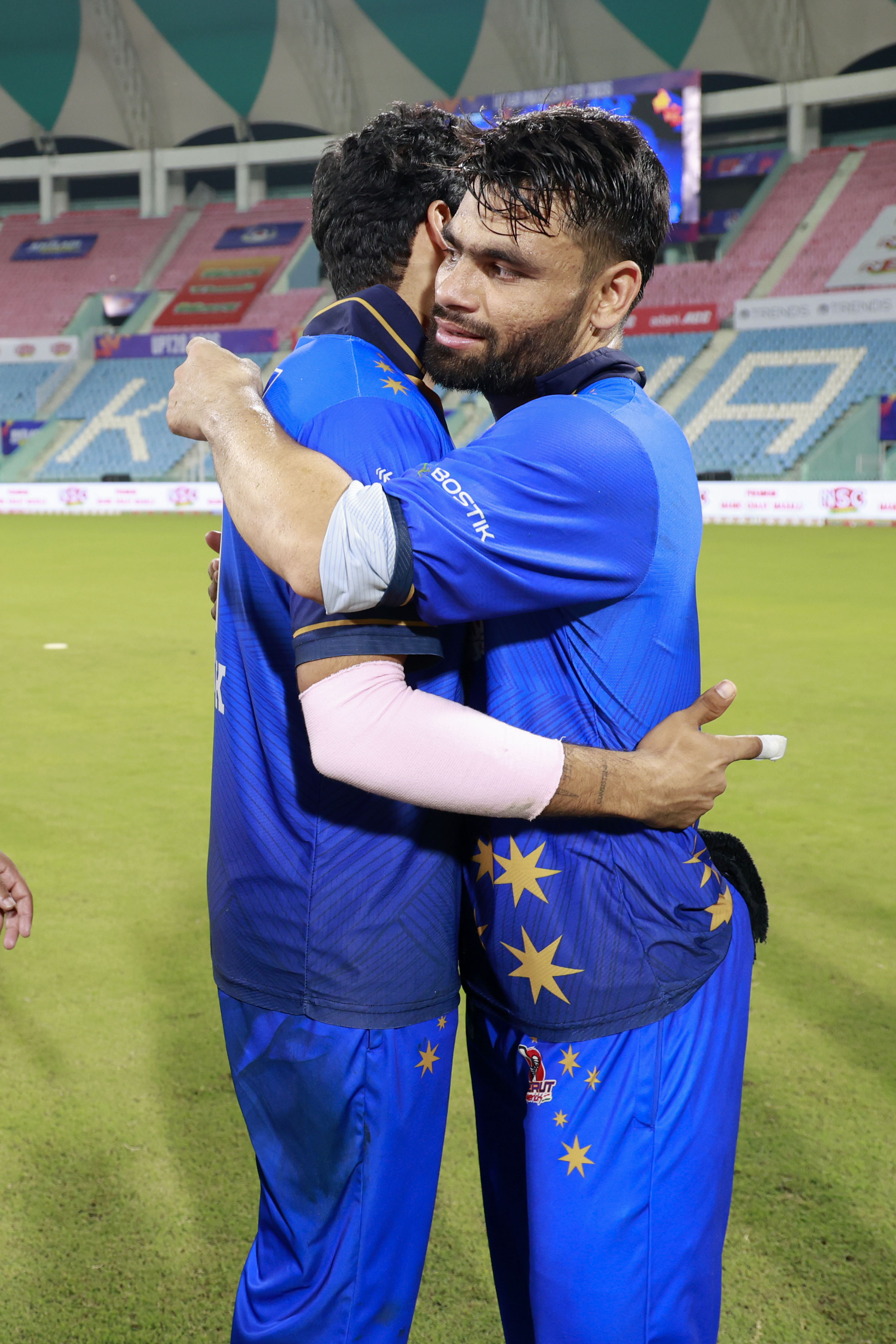 Rinku Singh of Meerut Mavericks Swastik Chikara of Meerut Mavericks celebrating win during the UPT20 League Season 4 night clash on 16 August 2026 at Bharat Ratna Shri Atal Bihari Vajpayee Ekana Cricket Stadium, Lucknow, Uttar Pradesh, India, Gaur Gorakhpur Lions take on defending champions Meerut Mavericks in Match 5 under lights as Purvanchal’s pride meets Meerut’s grit in a high‑intensity T20 battle.Photos by: Tamal Das / aceimages.in for UPT20
