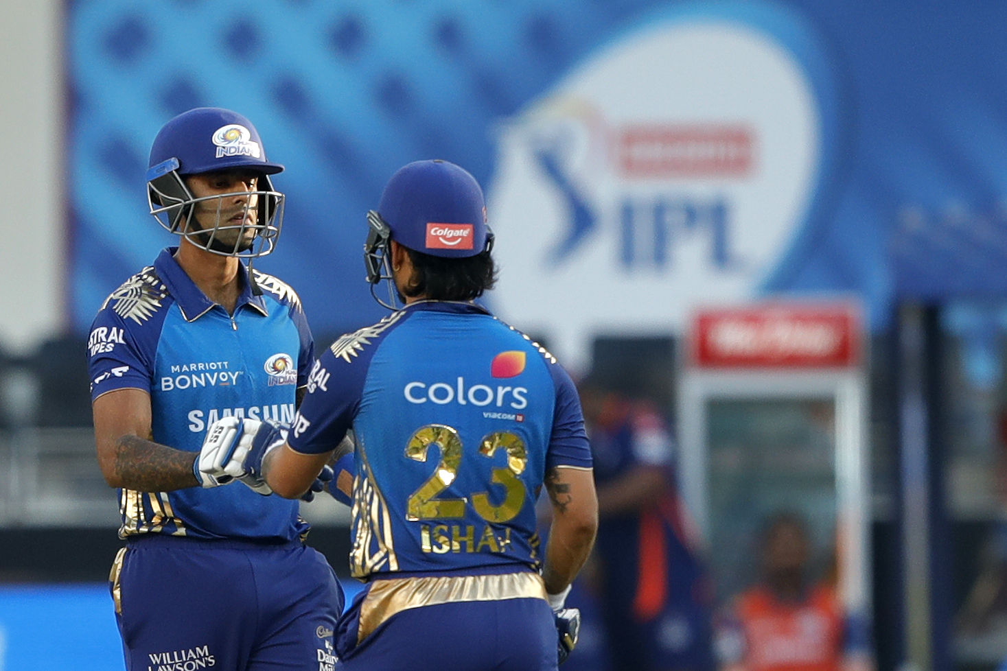 Surya Kumar Yadav of Mumbai Indians and Ishan Kishan of Mumbai Indians  during match 51 of season 13 of the Dream 11 Indian Premier League (IPL) between the Delhi Capitals and the Mumbai Indians held at the Dubai International Cricket Stadium, Dubai in the United Arab Emirates on the 31st October 2020.  Photo by: Saikat Das  / Sportzpics for BCCI
