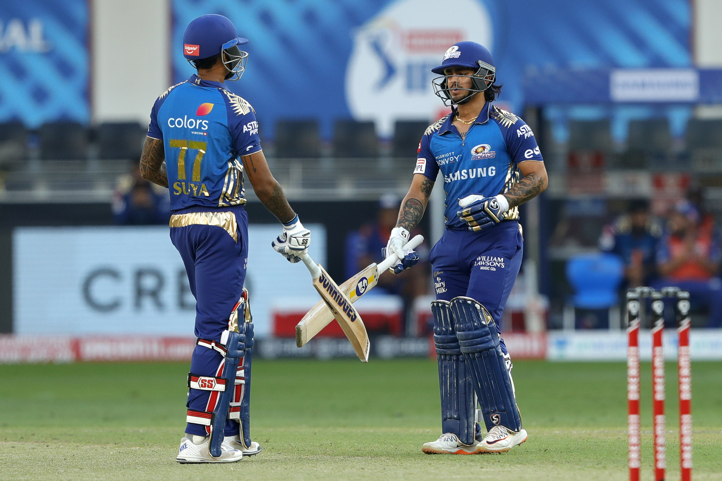 Ishan Kishan of Mumbai Indians and Surya Kumar Yadav of Mumbai Indians  during match 51 of season 13 of the Dream 11 Indian Premier League (IPL) between the Delhi Capitals and the Mumbai Indians held at the Dubai International Cricket Stadium, Dubai in the United Arab Emirates on the 31st October 2020.  Photo by: Saikat Das  / Sportzpics for BCCI