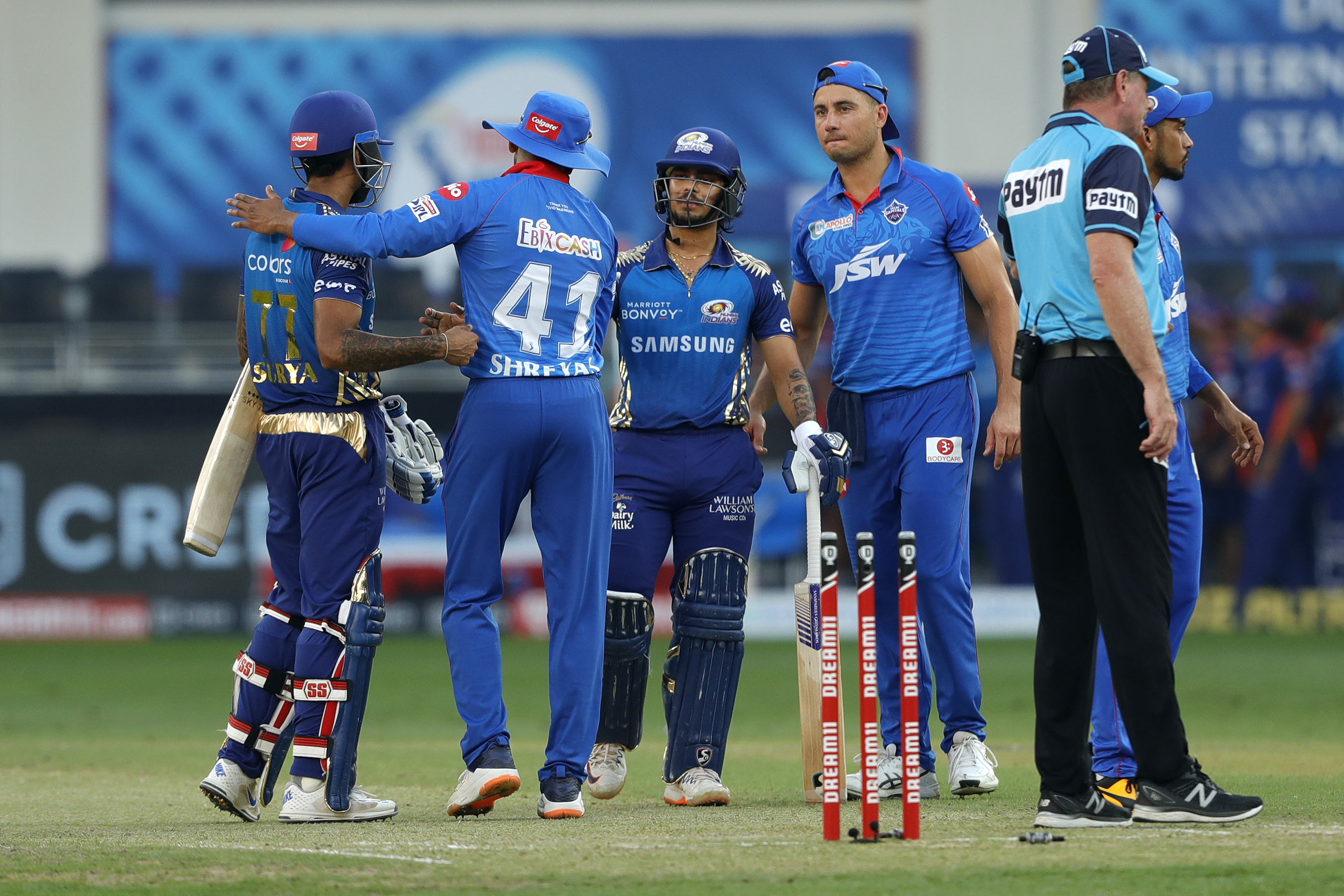 The Mumbai Indians  celebrates the win during match 51 of season 13 of the Dream 11 Indian Premier League (IPL) between the Delhi Capitals and the Mumbai Indians held at the Dubai International Cricket Stadium, Dubai in the United Arab Emirates on the 31st October 2020.  Photo by: Saikat Das  / Sportzpics for BCCI