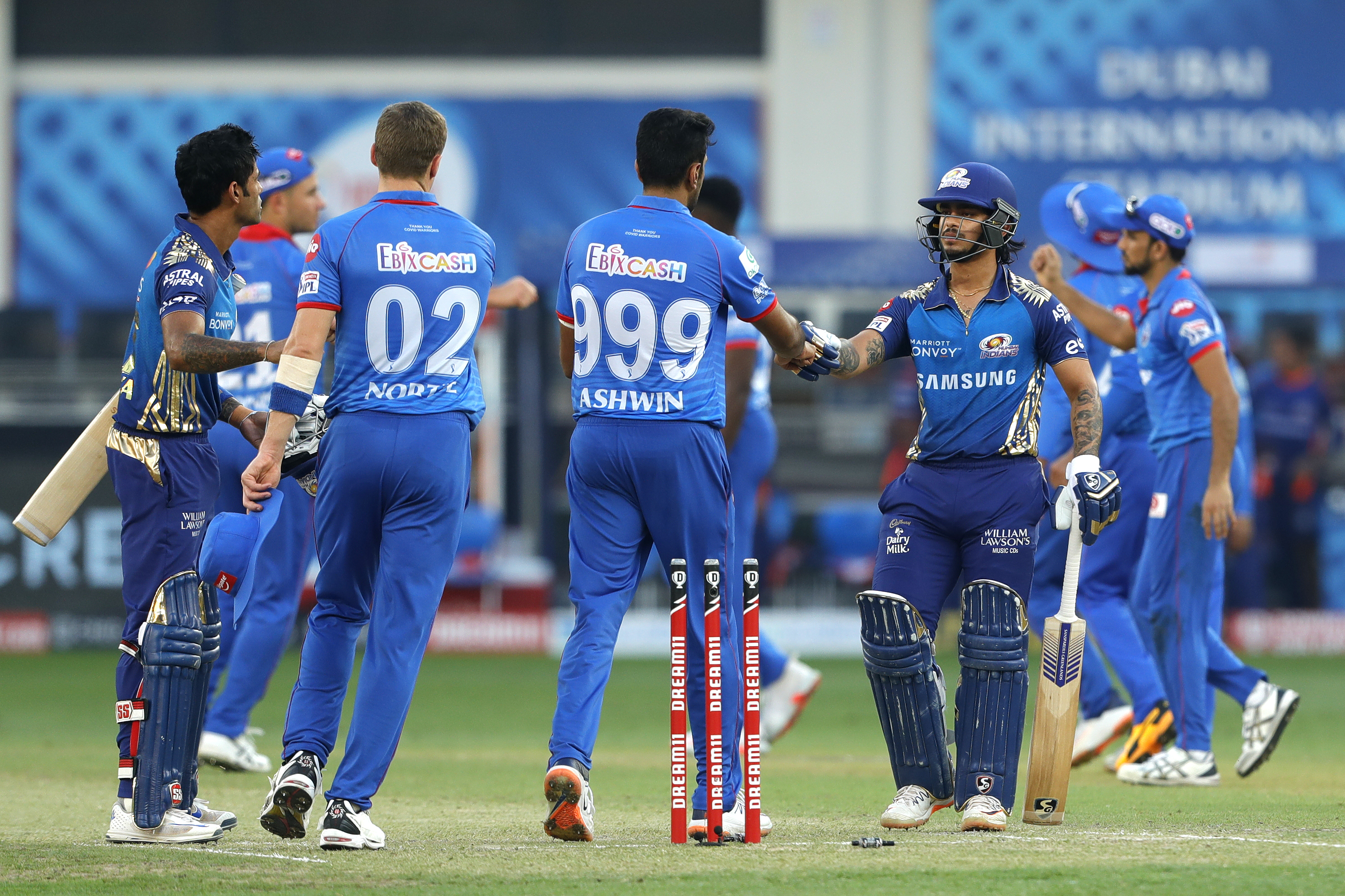 The Mumbai Indians  celebrates the win during match 51 of season 13 of the Dream 11 Indian Premier League (IPL) between the Delhi Capitals and the Mumbai Indians held at the Dubai International Cricket Stadium, Dubai in the United Arab Emirates on the 31st October 2020.  Photo by: Saikat Das  / Sportzpics for BCCI