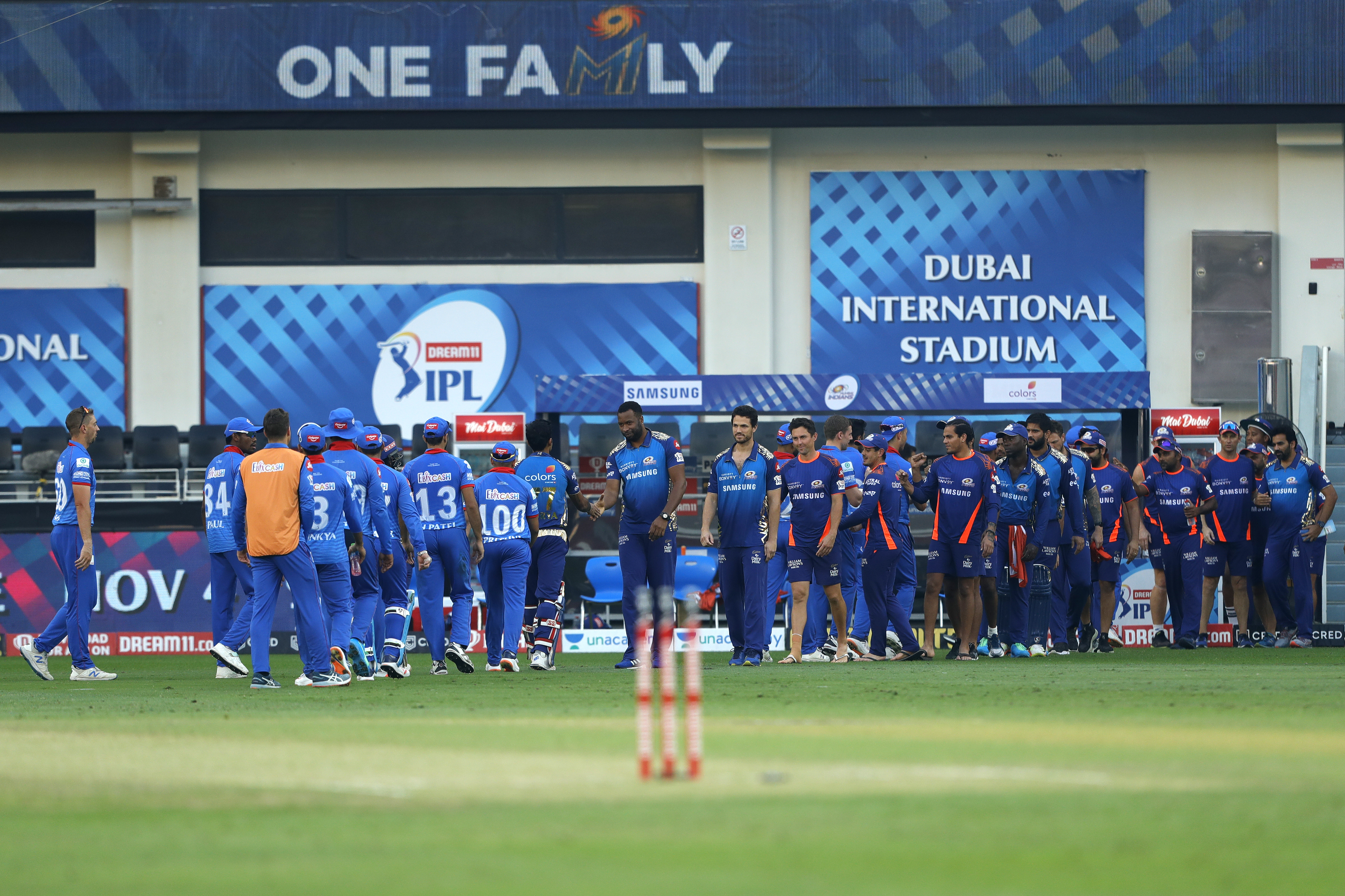 The Mumbai Indians  celebrates the win during match 51 of season 13 of the Dream 11 Indian Premier League (IPL) between the Delhi Capitals and the Mumbai Indians held at the Dubai International Cricket Stadium, Dubai in the United Arab Emirates on the 31st October 2020.  Photo by: Saikat Das  / Sportzpics for BCCI