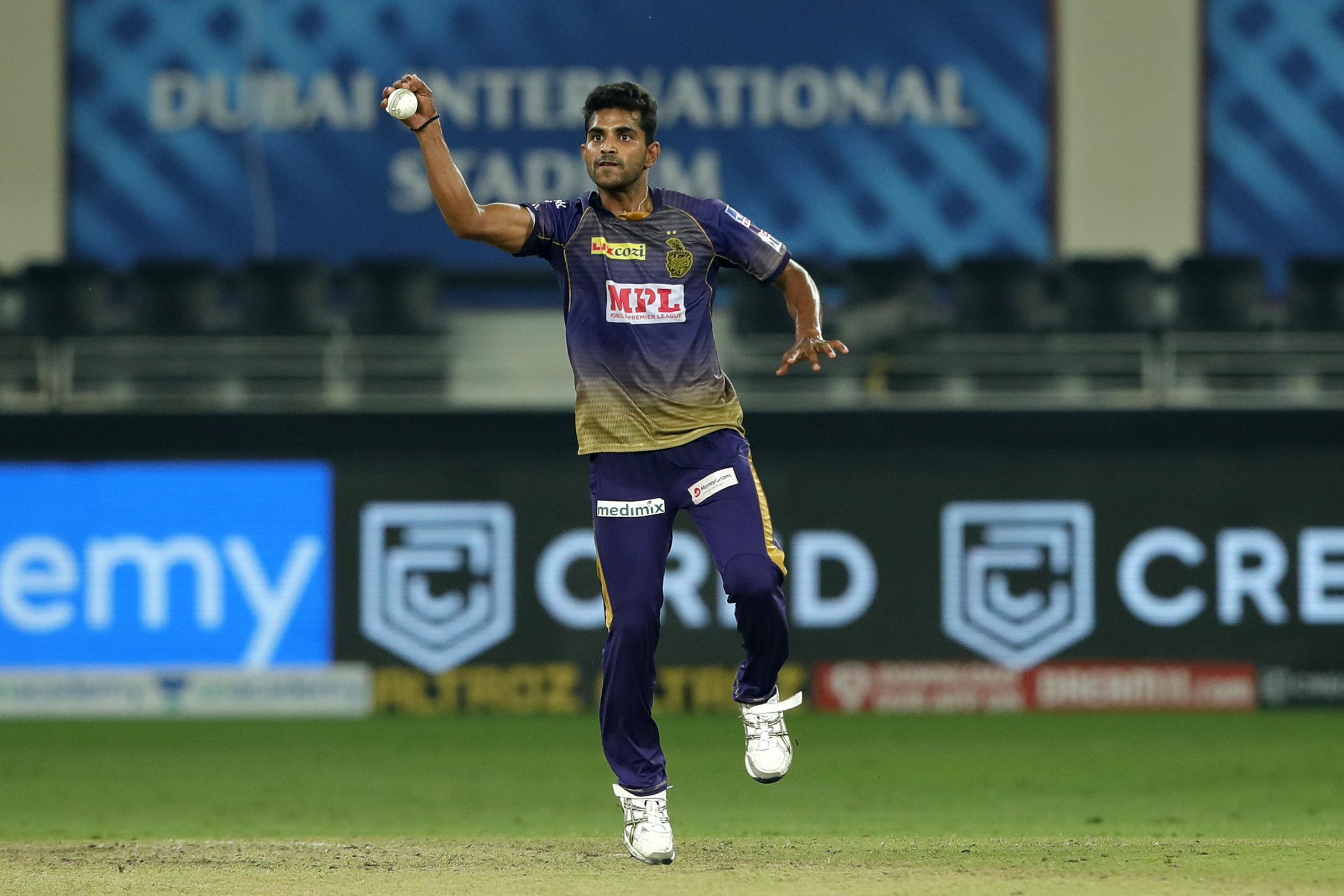 Shivam Mavi of Kolkata Knight Riders taking catch on his own bowling of Kartik Tyagi of Rajasthan Royals during match 54 of season 13 of the Dream 11 Indian Premier League (IPL) between the Kolkata Knight Riders and the Rajasthan Royals held at the Dubai International Cricket Stadium, Dubai in the United Arab Emirates on the 1st November 2020.  Photo by: Saikat Das  / Sportzpics for BCCI