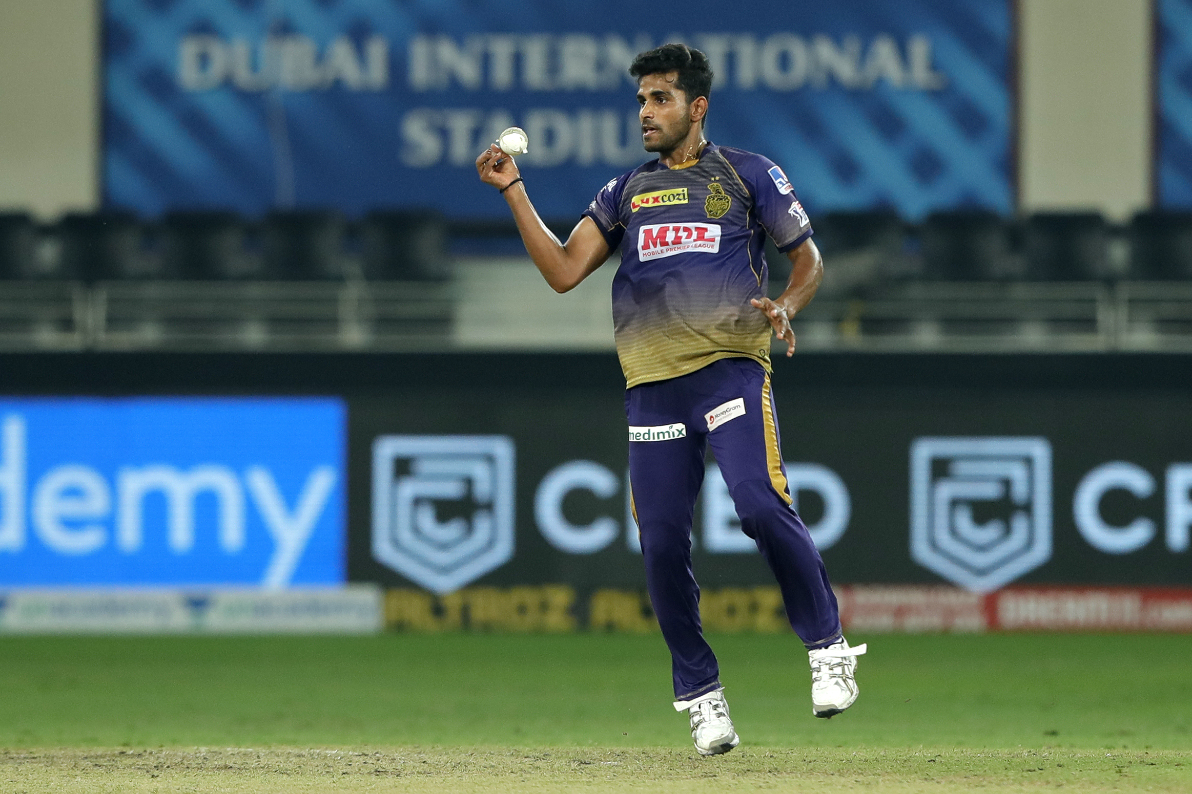 Shivam Mavi of Kolkata Knight Riders taking catch on his own bowling of Kartik Tyagi of Rajasthan Royals during match 54 of season 13 of the Dream 11 Indian Premier League (IPL) between the Kolkata Knight Riders and the Rajasthan Royals held at the Dubai International Cricket Stadium, Dubai in the United Arab Emirates on the 1st November 2020.  Photo by: Saikat Das  / Sportzpics for BCCI