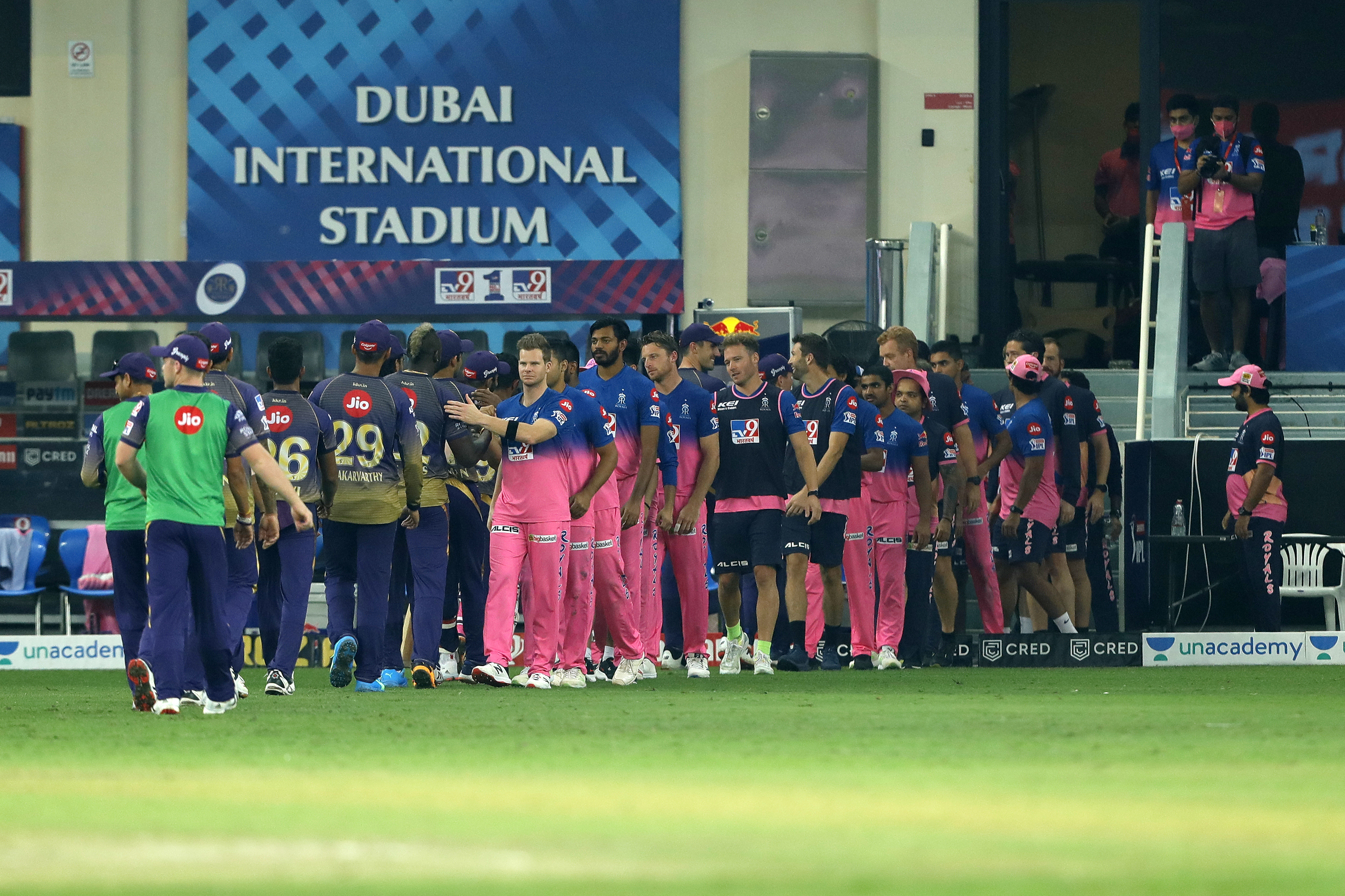 The Kolkata Knight Riders  celebrates the win during match 54 of season 13 of the Dream 11 Indian Premier League (IPL) between the Kolkata Knight Riders and the Rajasthan Royals held at the Dubai International Cricket Stadium, Dubai in the United Arab Emirates on the 1st November 2020.  Photo by: Saikat Das  / Sportzpics for BCCI