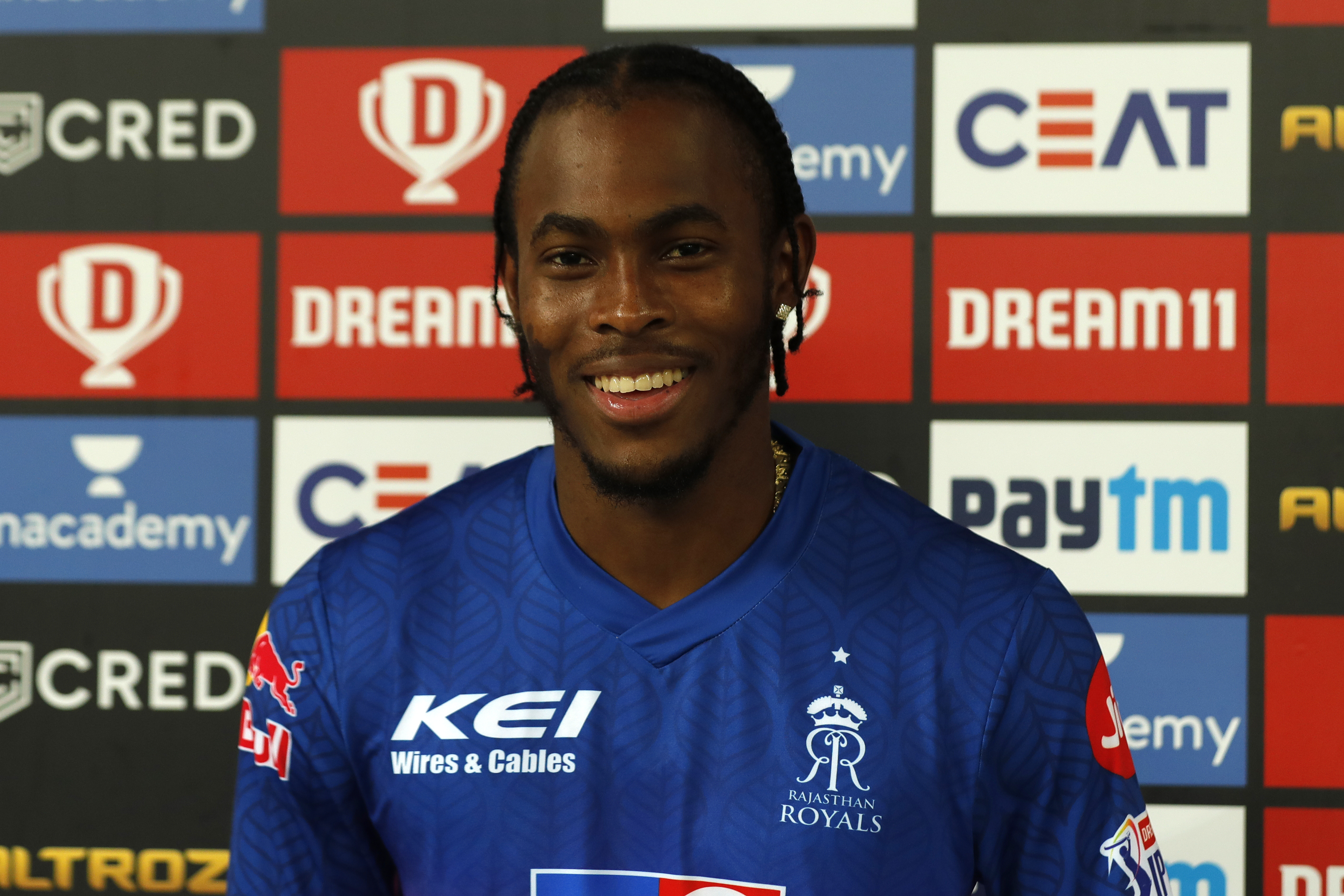 Jofra Archer of Rajasthan Royals at interview during match 54 of season 13 of the Dream 11 Indian Premier League (IPL) between the Kolkata Knight Riders and the Rajasthan Royals held at the Dubai International Cricket Stadium, Dubai in the United Arab Emirates on the 1st November 2020.  Photo by: Saikat Das  / Sportzpics for BCCI