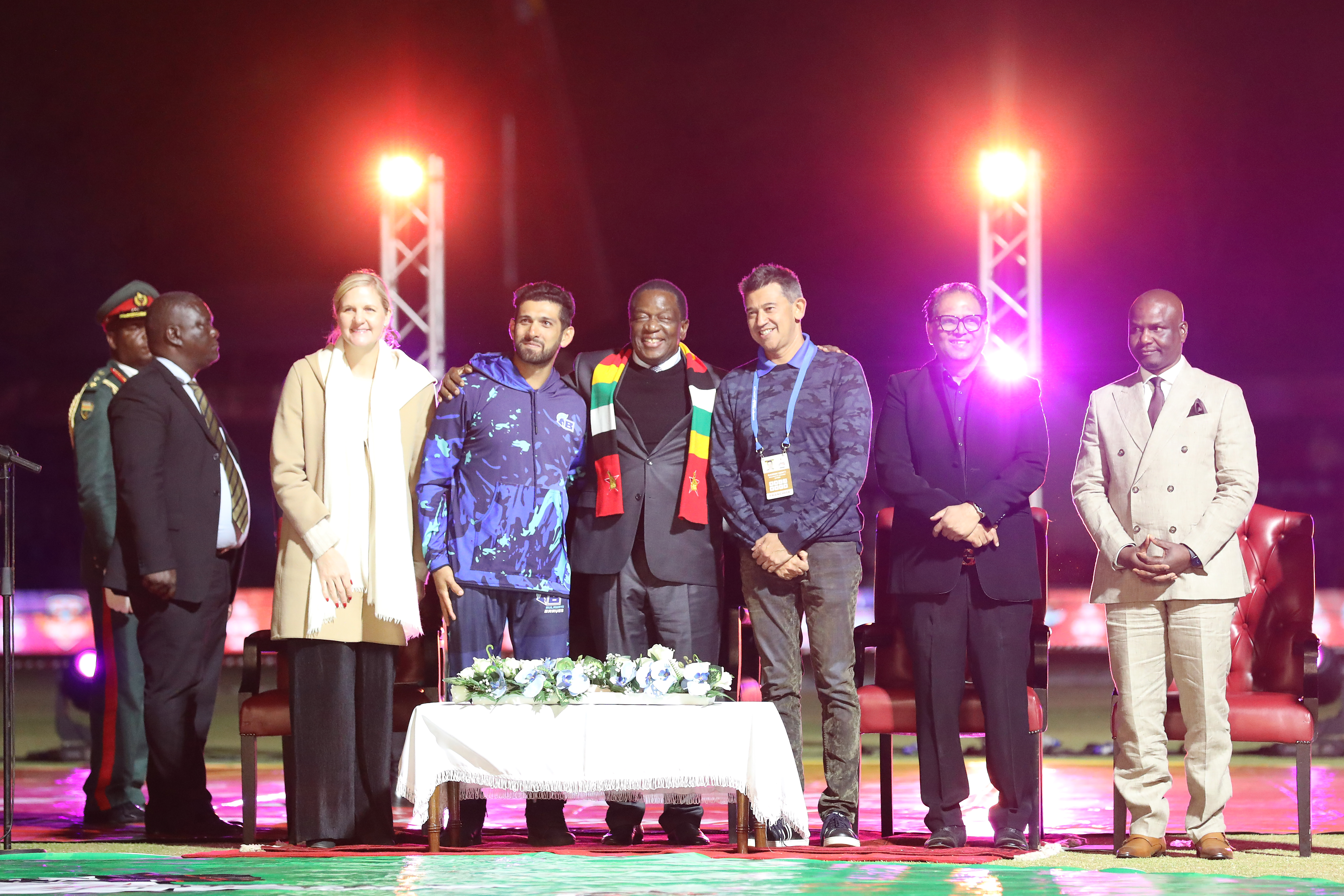 The Founder & Chairman of T Ten Sports Management & T Ten Global Sports, the visionary Nawab Shaji Ul Mulk, Hon. Dr Kirsty Coventry - Minister of Youth Sports Arts and Recreation, Zimbabwe, Hon. Dr Tavengwa Mukuhlani - Chairman, Zimbabwe Cricket, The President of the Republic of Zimbabwe Cde Dr Emmerson Dambudzo Mnangagwa with Sikander Raza (c) of Bulawayo Braves during Opening Ceremony of the Zim Afro T10 League at the Harare Sports Club in the Zimbabwe on the 20th July 2023Photo by: Saikat Das / ACEIMAGES for Zim Afro T10