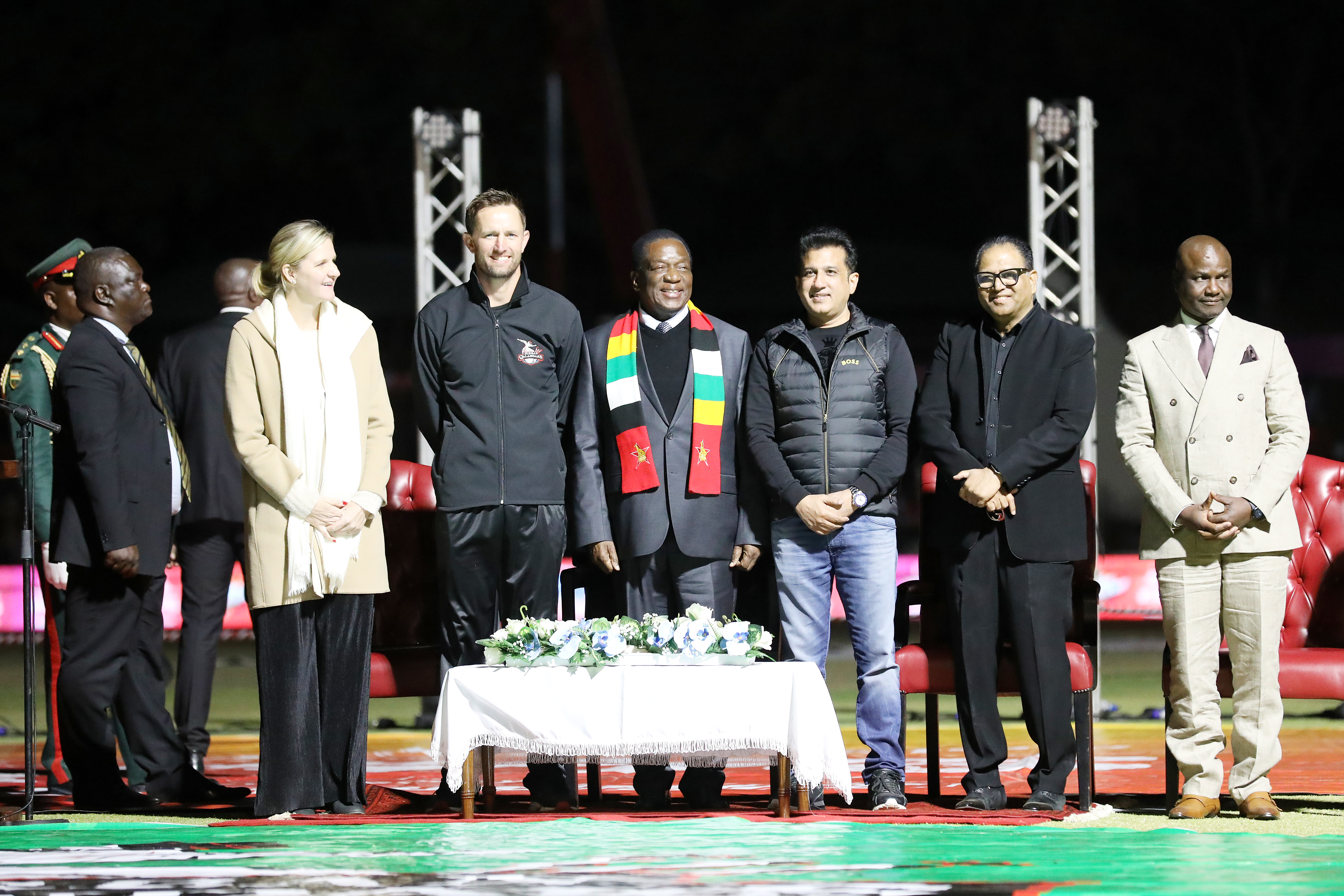 Craig Ervine (c) of Durban Qalandars  with The Founder & Chairman of T Ten Sports Management & T Ten Global Sports, the visionary Nawab Shaji Ul Mulk, Hon. Dr Kirsty Coventry - Minister of Youth Sports Arts and Recreation, Zimbabwe, Hon. Dr Tavengwa Mukuhlani - Chairman, Zimbabwe Cricket, Emerson Mnangagwa The President of the Republic of Zimbabwe Cde Dr Emmerson Dambudzo Mnangagwa during Opening Ceremony of the Zim Afro T10 League at the Harare Sports Club in the Zimbabwe on the 20th July 2023Photo by: Saikat Das / ACEIMAGES for Zim Afro T10