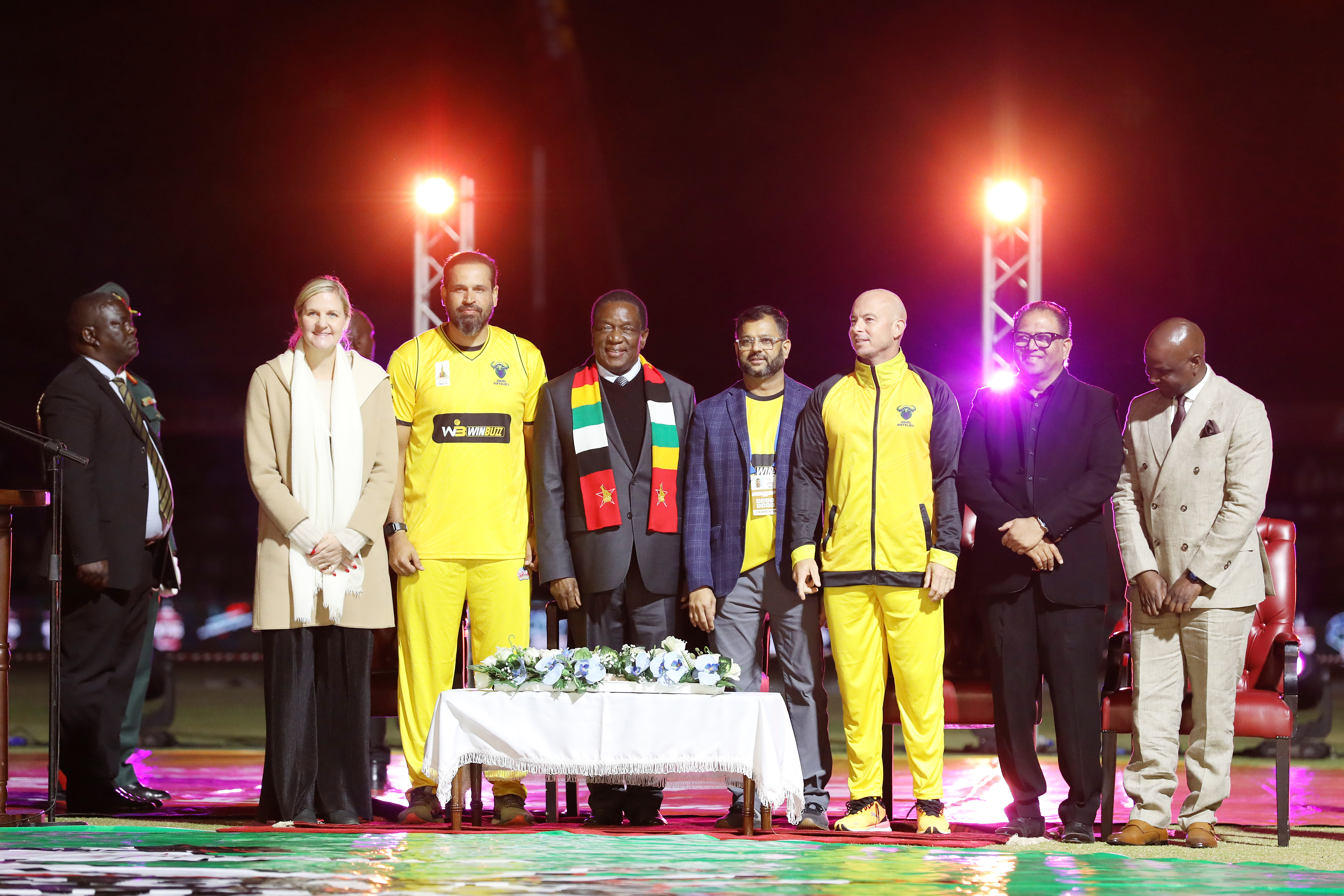 The Founder & Chairman of T Ten Sports Management & T Ten Global Sports, the visionary Nawab Shaji Ul Mulk, Hon. Dr Kirsty Coventry - Minister of Youth Sports Arts and Recreation, Zimbabwe, Hon. Dr Tavengwa Mukuhlani - Chairman, Zimbabwe Cricket, The President of the Republic of Zimbabwe Cde Dr Emmerson Dambudzo Mnangagwa with Yusuf Pathan of Johannesburg Buffaloes during Opening Ceremony of the Zim Afro T10 League at the Harare Sports Club in the Zimbabwe on the 20th July 2023Photo by: Saikat Das / ACEIMAGES for Zim Afro T10