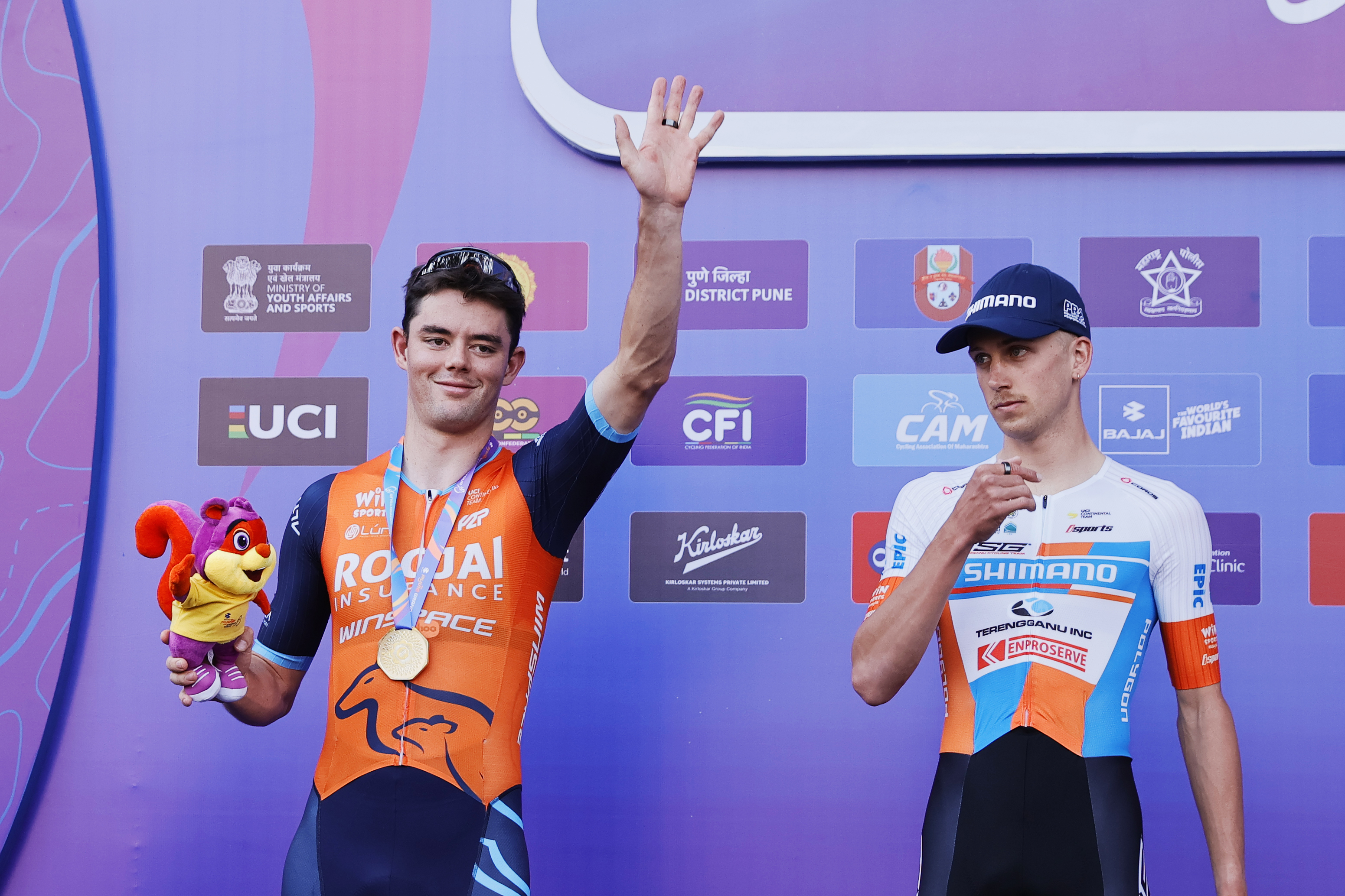 Stage winner Browning Fergus , 2nd placed rider on stage Hopkins Dylan during the peloton of the Pune Grand Tour 2026 held in the City of Pune on the 19th January 2026.  The Pune Grand Tour marks India’s first entry into the global professional cycling calendar.   Owing to its UCI classification the PGT2026 will offer riders the opportunity to earn valuable ranking points that count toward qualification for the LA 2028 Summer Olympics.Photo by s Saikat Das / Sportzpics / PGT