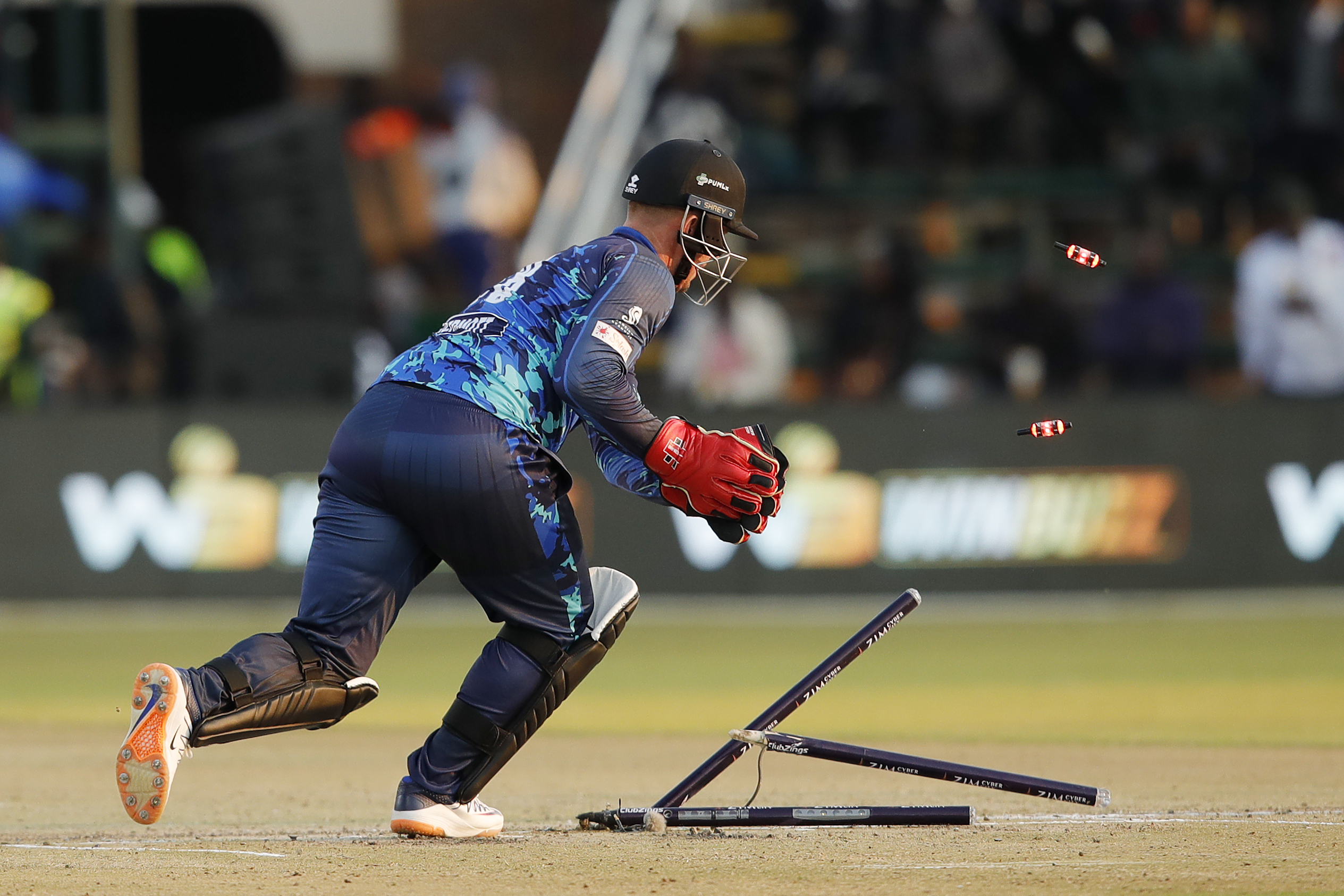 Ben McDermott  of Bulawayo Braves runout Luke Jongwe during match 1 of the Zim Afro T10 League between the HARARE HURRICANES and the BULAWAYO BRAVES held at the Harare Sports Club in the Zimbabwe on the 21st July 2023Photo by Saikat Das / ACEIMAGES for Zim Afro T10