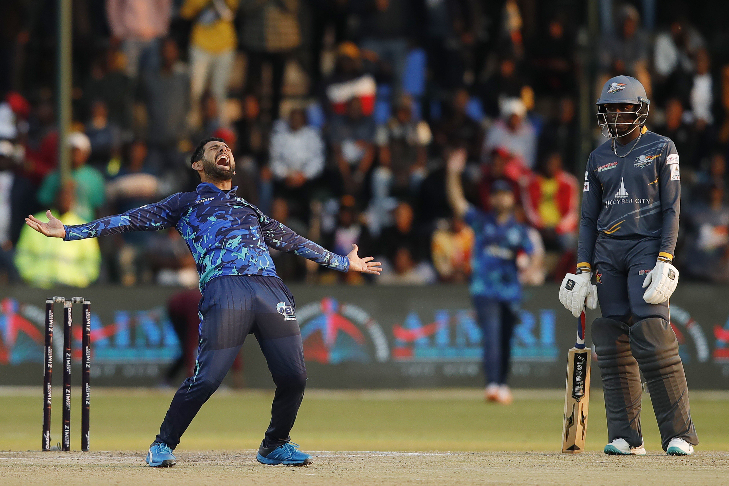 Sikander Raza (c) of Bulawayo Braves celebrating the wicket during match 1 of the Zim Afro T10 League between the HARARE HURRICANES and the BULAWAYO BRAVES held at the Harare Sports Club in the Zimbabwe on the 21st July 2023Photo by Saikat Das / ACEIMAGES for Zim Afro T10