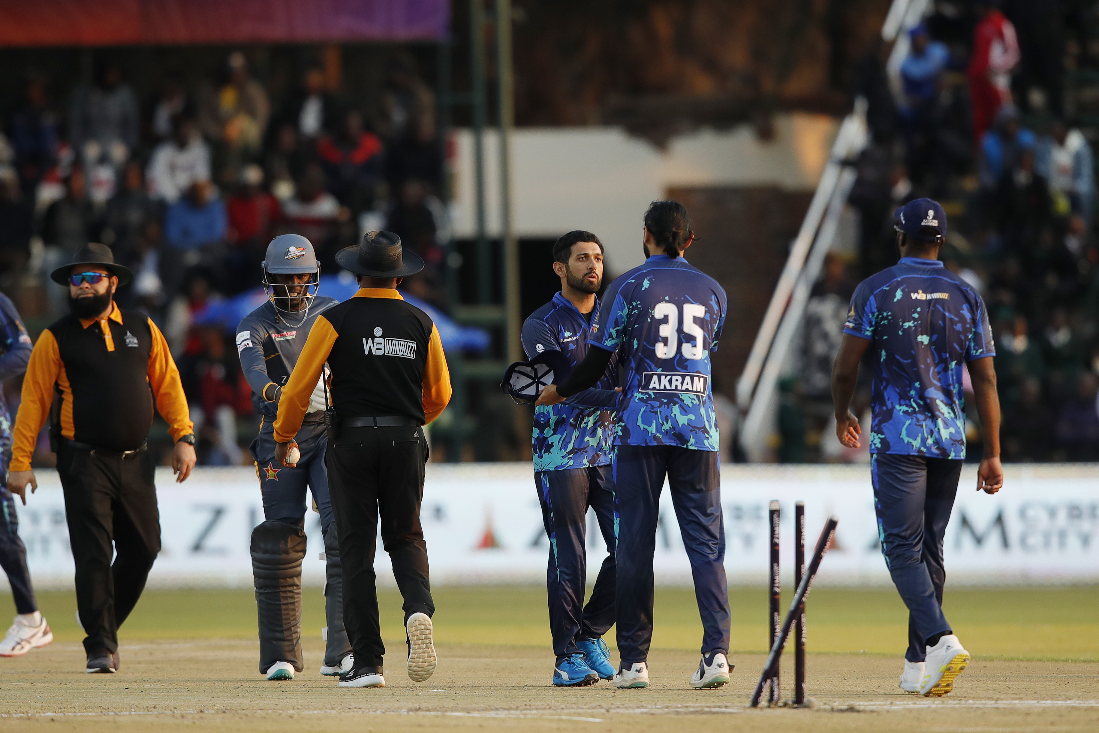 Sikander Raza (c) of Bulawayo Braves celebrating win during match 1 of the Zim Afro T10 League between the HARARE HURRICANES and the BULAWAYO BRAVES held at the Harare Sports Club in the Zimbabwe on the 21st July 2023Photo by Saikat Das / ACEIMAGES for Zim Afro T10