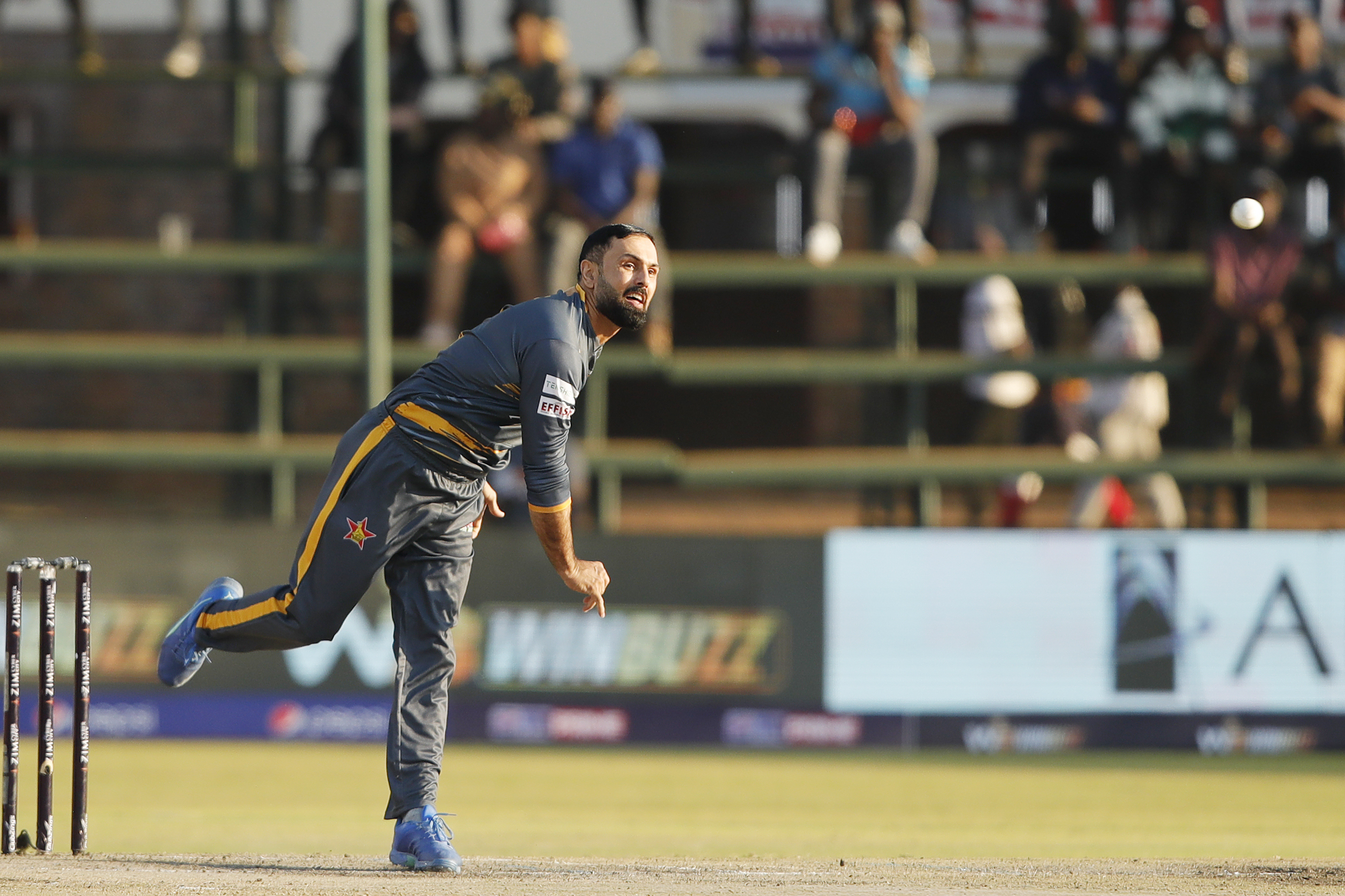 Mohamed Nabi of Harare Hurricanes bowling during match 10 of the Zim Afro T10 League between the Harare Hurricanes and the Joburg Buffaloes held at the Harare Sports Club in the Zimbabwe on the 24th July 2023Photo by SAIKAT DAS / ACEIMAGES for Zim Afro T10