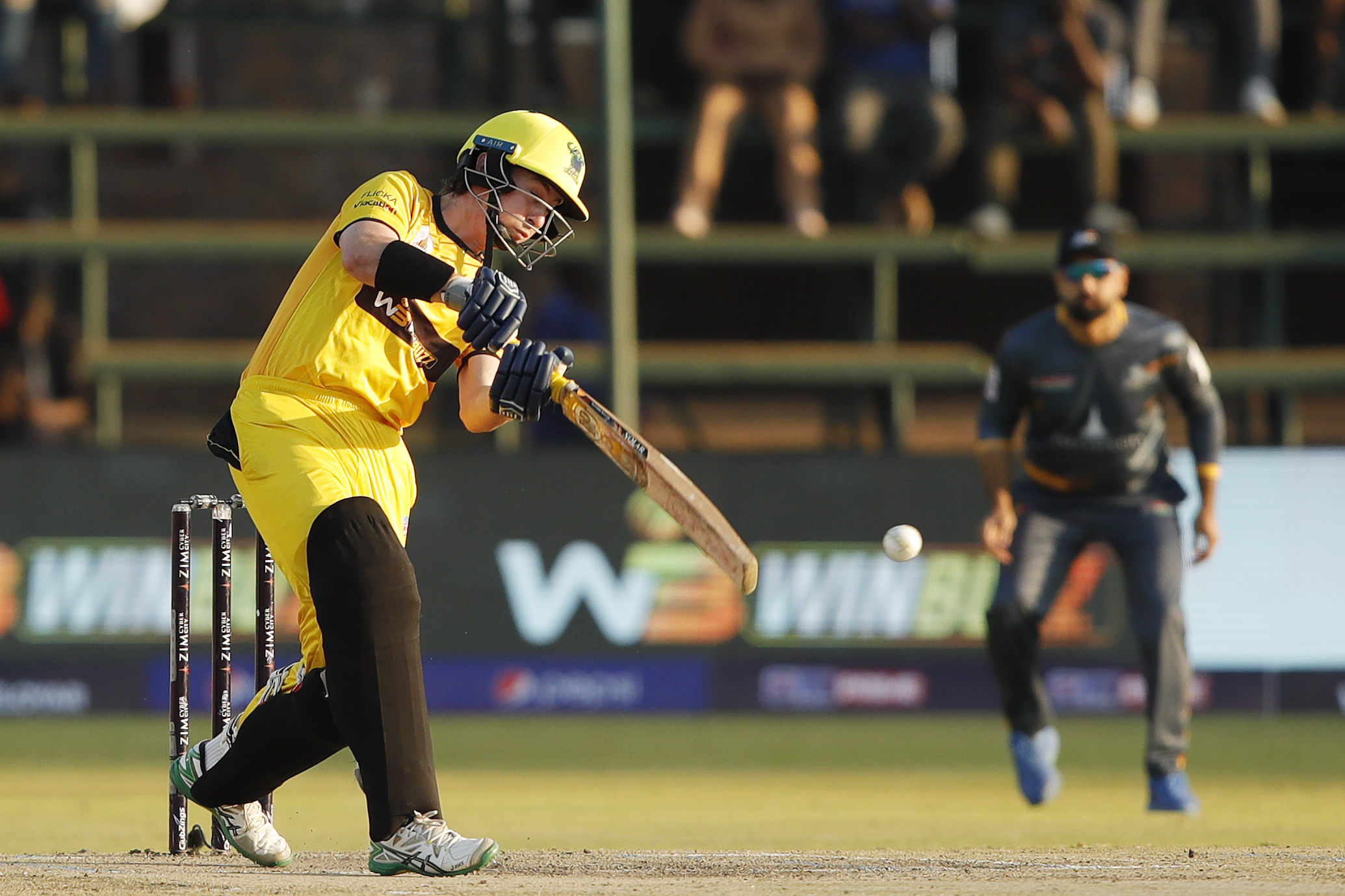 Mathew Campbell of Joburg Buffaloes hitting a four during match 10 of the Zim Afro T10 League between the Harare Hurricanes and the Joburg Buffaloes held at the Harare Sports Club in the Zimbabwe on the 24th July 2023Photo by SAIKAT DAS / ACEIMAGES for Zim Afro T10