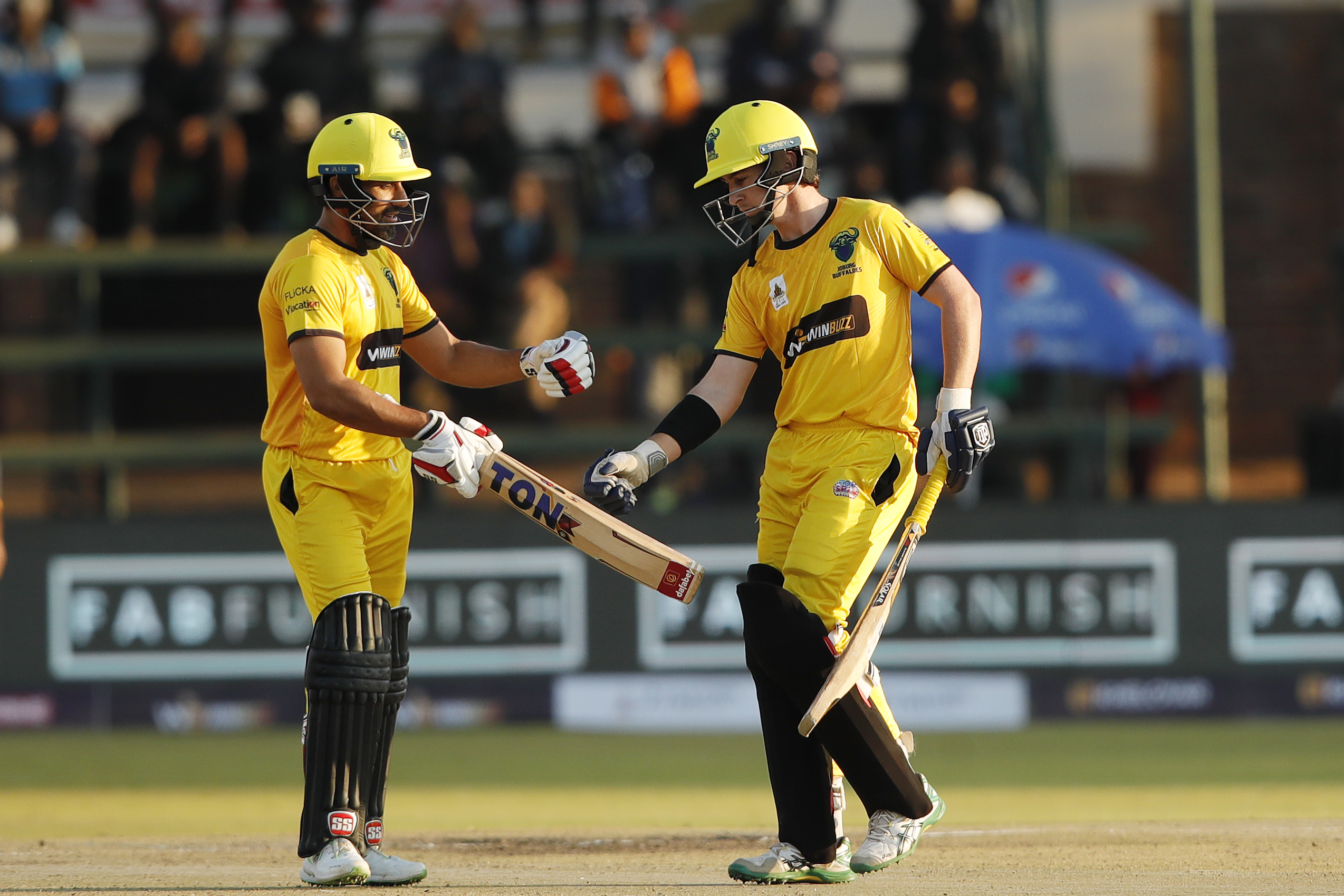 Will Smeed of Joburg Buffaloes and Ravi Bopara of Joburg Buffaloes during match 10 of the Zim Afro T10 League between the Harare Hurricanes and the Joburg Buffaloes held at the Harare Sports Club in the Zimbabwe on the 24th July 2023Photo by SAIKAT DAS / ACEIMAGES for Zim Afro T10