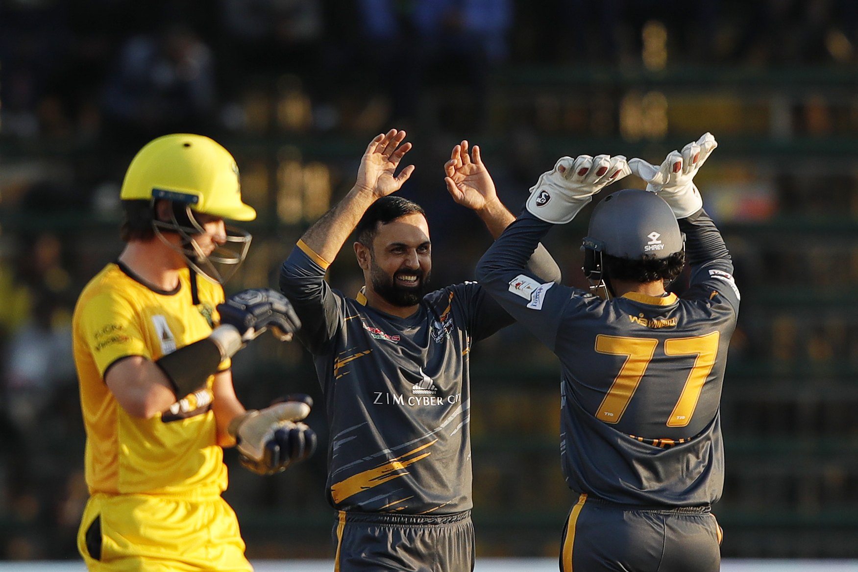 Harare Hurricanes celebrating win  during match 10 of the Zim Afro T10 League between the Harare Hurricanes and the Joburg Buffaloes held at the Harare Sports Club in the Zimbabwe on the 24th July 2023Photo by SAIKAT DAS / ACEIMAGES for Zim Afro T10