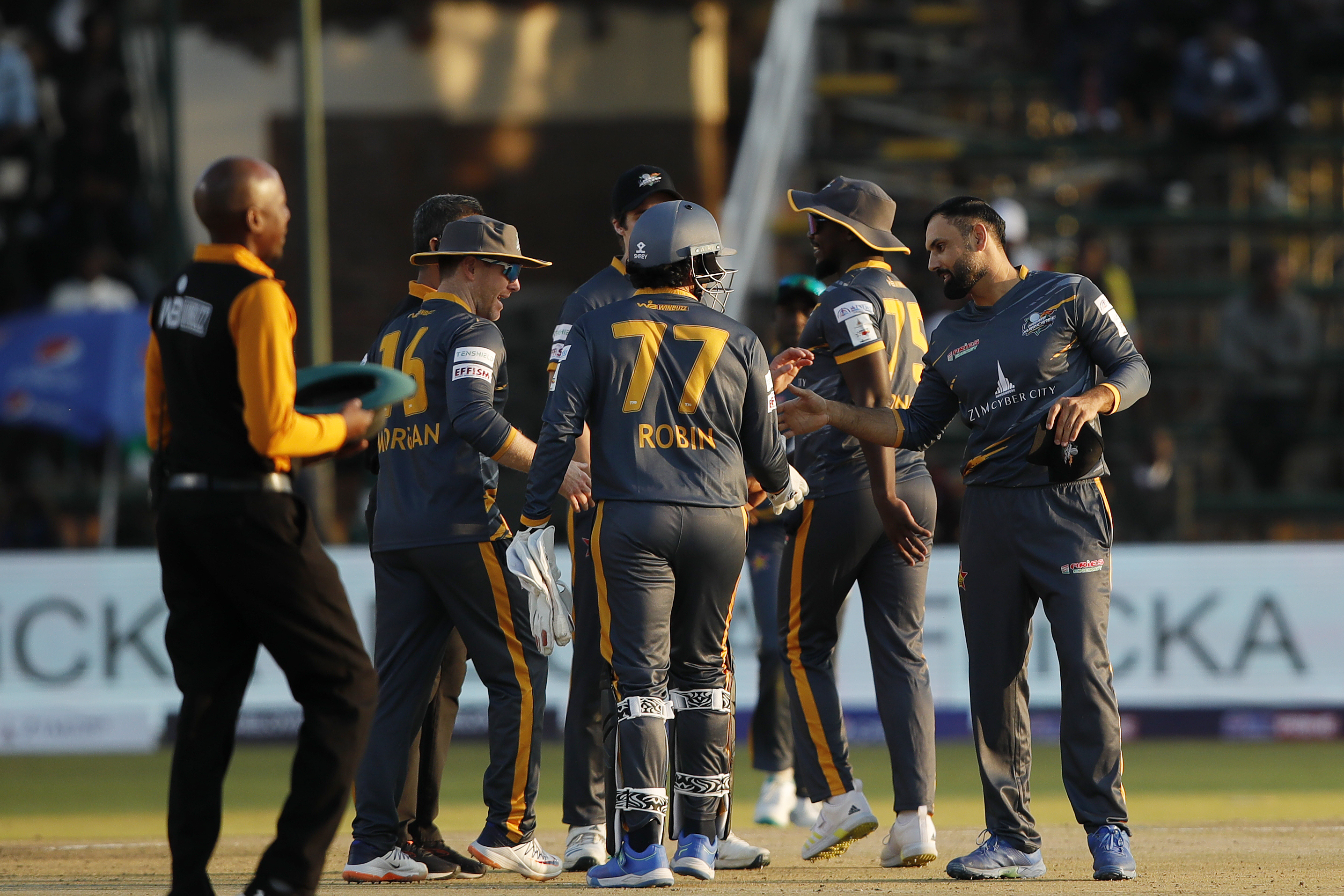 Harare Hurricanes celebrating win  during match 10 of the Zim Afro T10 League between the Harare Hurricanes and the Joburg Buffaloes held at the Harare Sports Club in the Zimbabwe on the 24th July 2023Photo by SAIKAT DAS / ACEIMAGES for Zim Afro T10