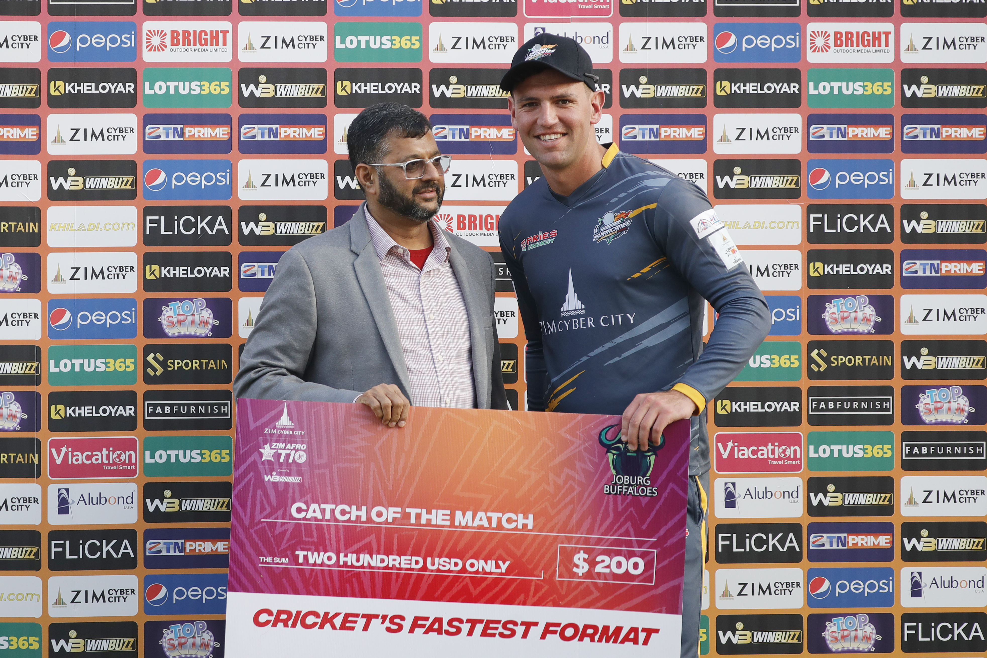 Donovon Ferraira of Harare Hurricanes with Catch of the Match Award during match 10 of the Zim Afro T10 League between the Harare Hurricanes and the Joburg Buffaloes held at the Harare Sports Club in the Zimbabwe on the 24th July 2023Photo by SAIKAT DAS / ACEIMAGES for Zim Afro T10