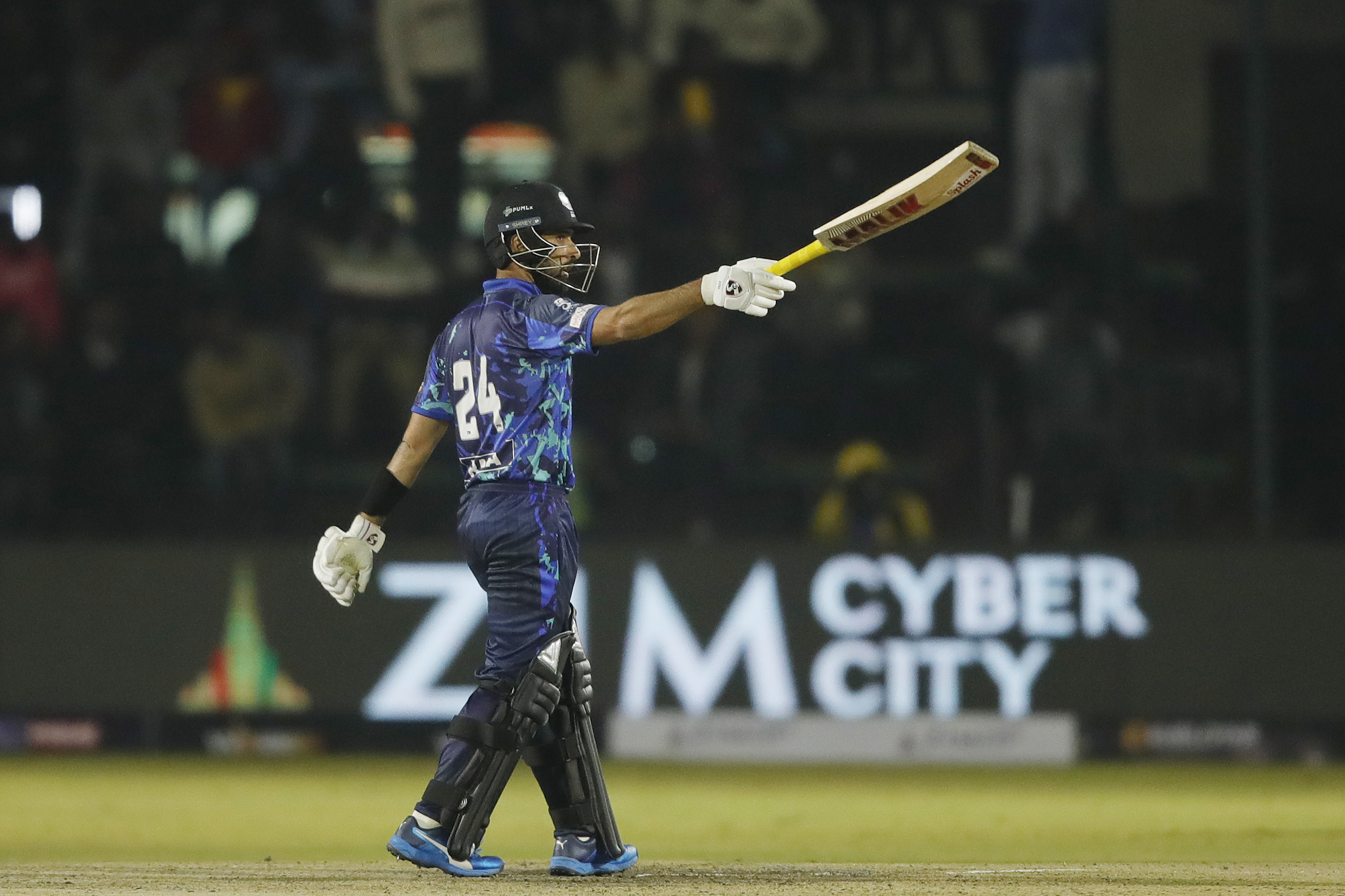 Sikander Raza (c) of Bulawayo Braves celebrating his half century during match 12 of the Zim Afro T10 League between the Bulawayo Braves and the Harare Hurricanes at the Harare Sports Club in the Zimbabwe on the 24th July 2023Photo by Saikat Das / ACEIMAGES for Zim Afro T10