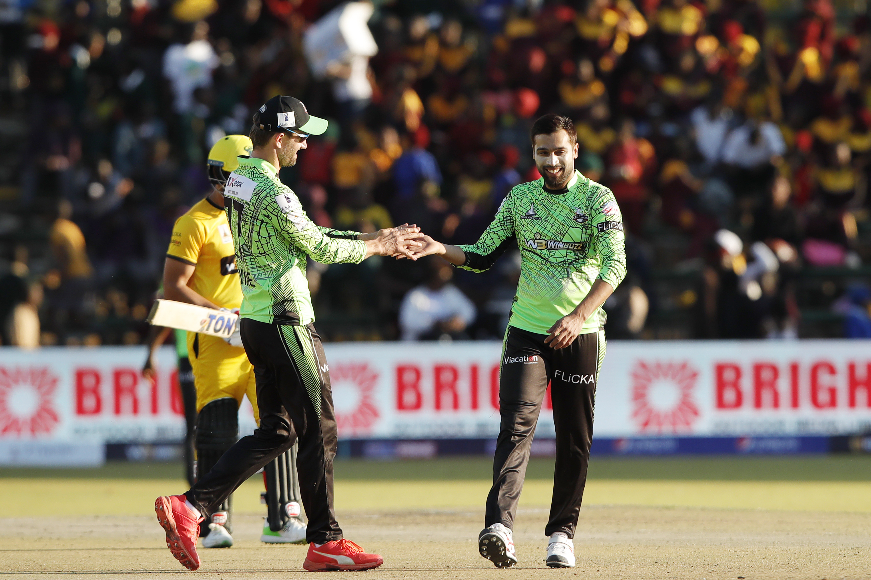 Mohammed Amir of Durban Qalandars celebrating the wicket of Yusuf Pathan of Joburg Buffaloes during match 13 of the Zim Afro T10 League between the Joburg Buffaloes and the Durban Qalandars at the Harare Sports Club in the Zimbabwe on the 25th July 2023Photo by Saikat Das / ACEIMAGES for Zim Afro T10