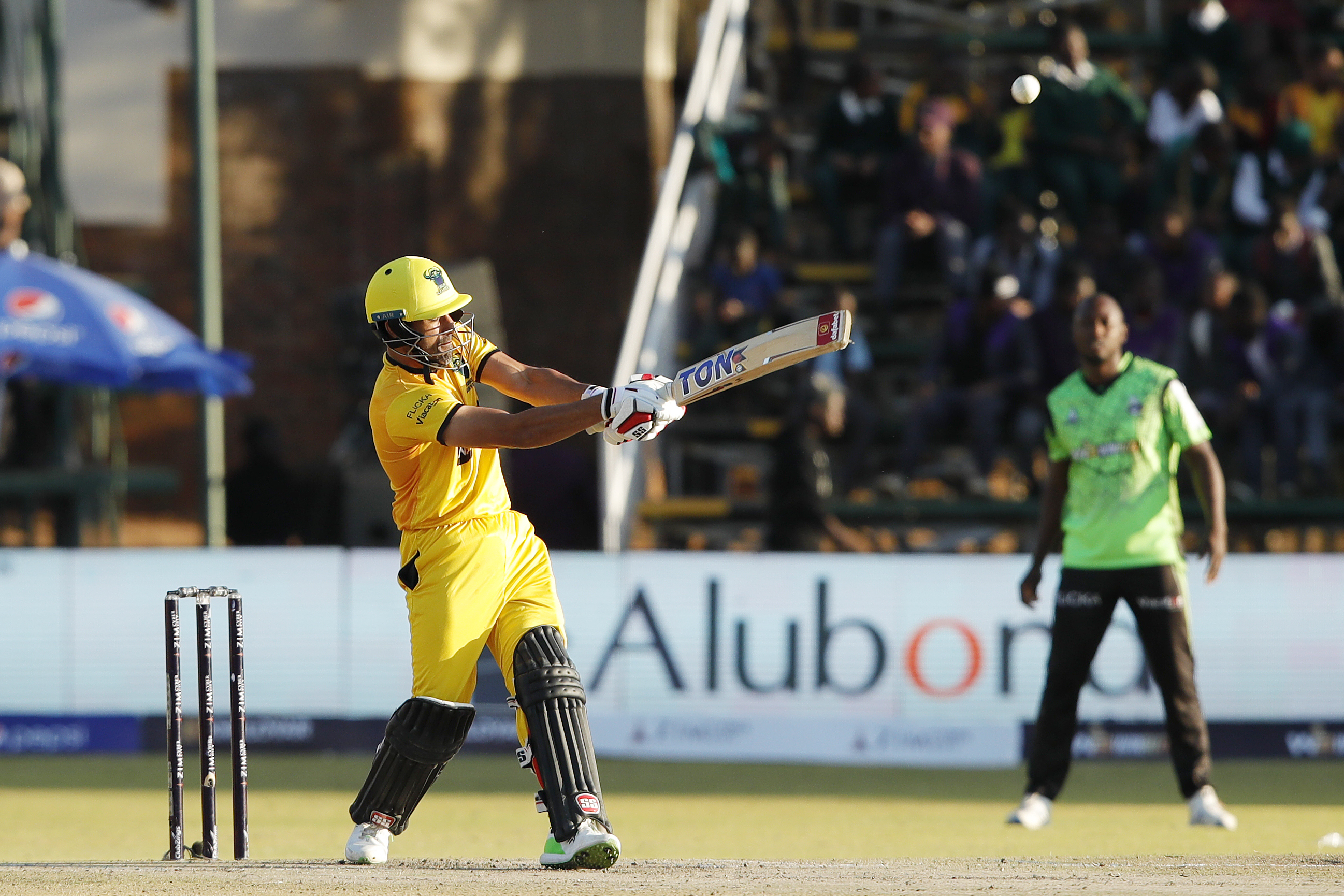 Ravi Bopara of Joburg Buffaloes hitting a over boundary during match 13 of the Zim Afro T10 League between the Joburg Buffaloes and the Durban Qalandars at the Harare Sports Club in the Zimbabwe on the 25th July 2023Photo by Saikat Das / ACEIMAGES for Zim Afro T10