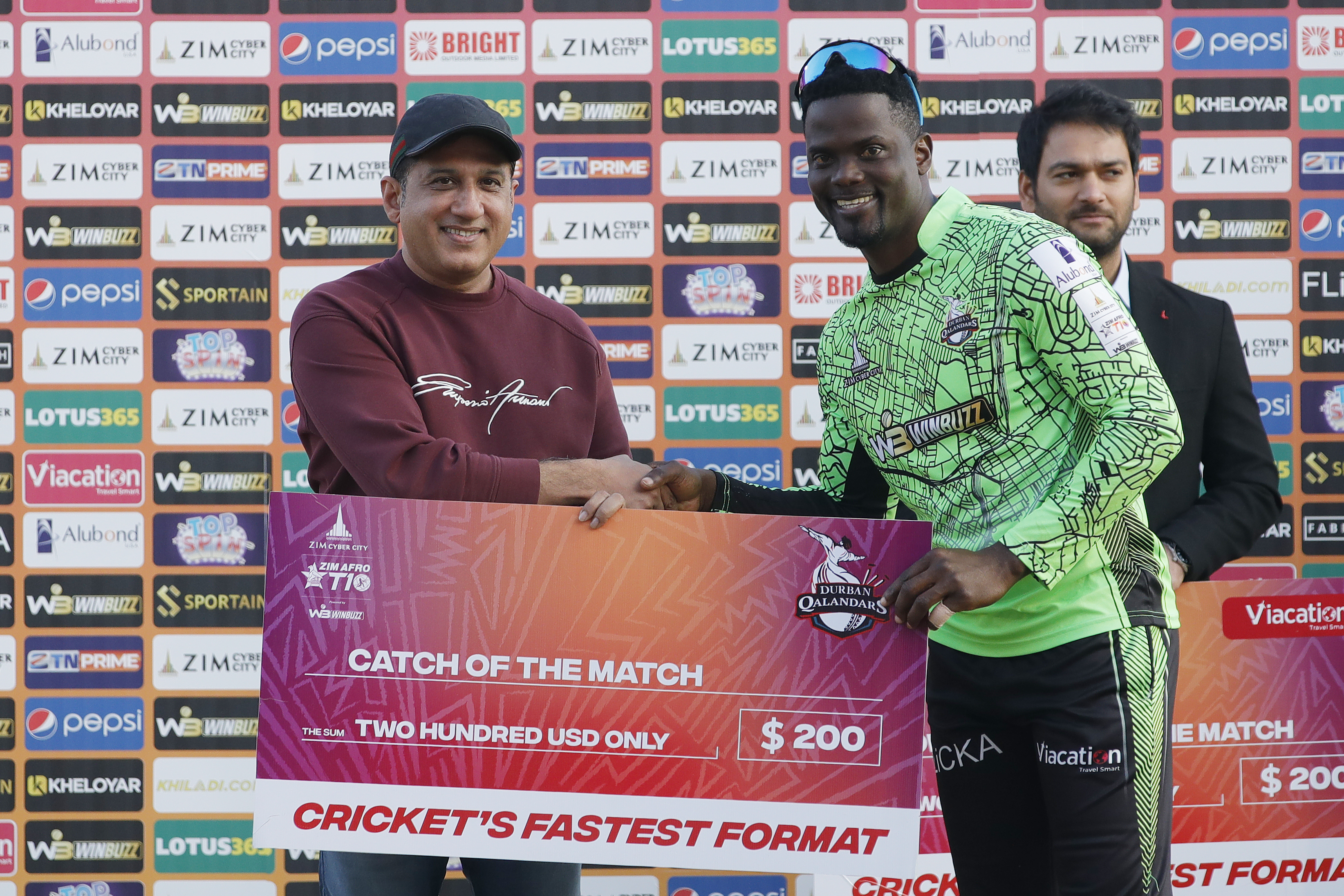 Andre Fleture of Durban Qalandars with Catch of the Match Award during match 13 of the Zim Afro T10 League between the Joburg Buffaloes and the Durban Qalandars at the Harare Sports Club in the Zimbabwe on the 25th July 2023Photo by Saikat Das / ACEIMAGES for Zim Afro T10
